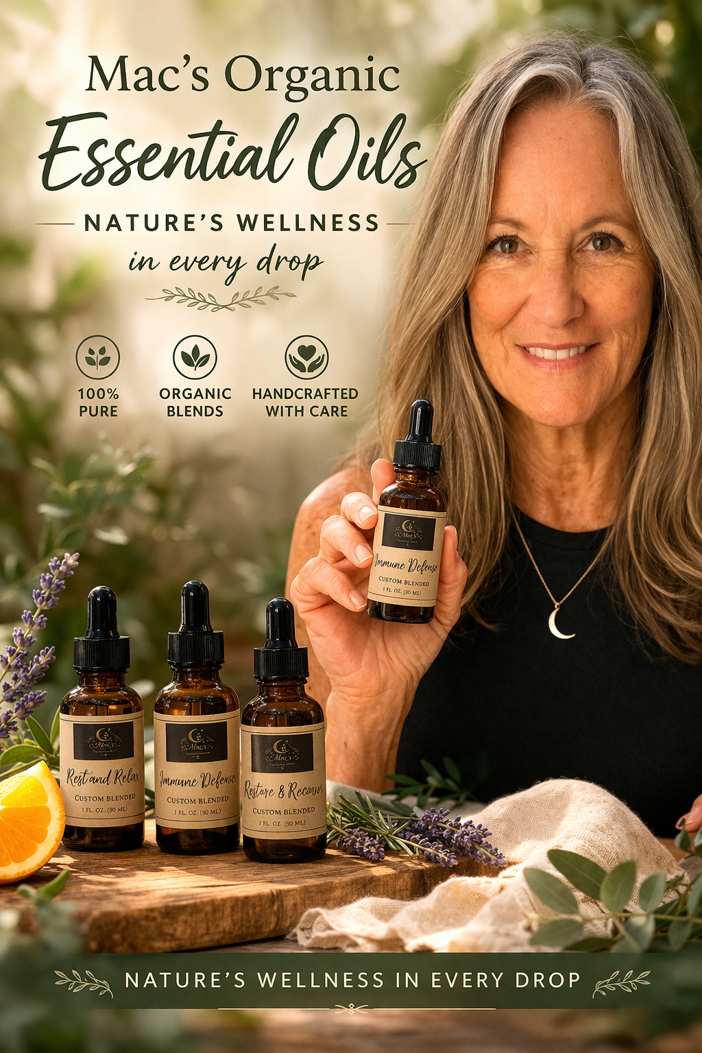 A woman holding a bottle of organic essential oil labeled 'Immune Defense,' seated at a wooden table with three other essential oils, lavender flowers, and an orange slice, promoting Mac's Organic Essential Oils for wellness.