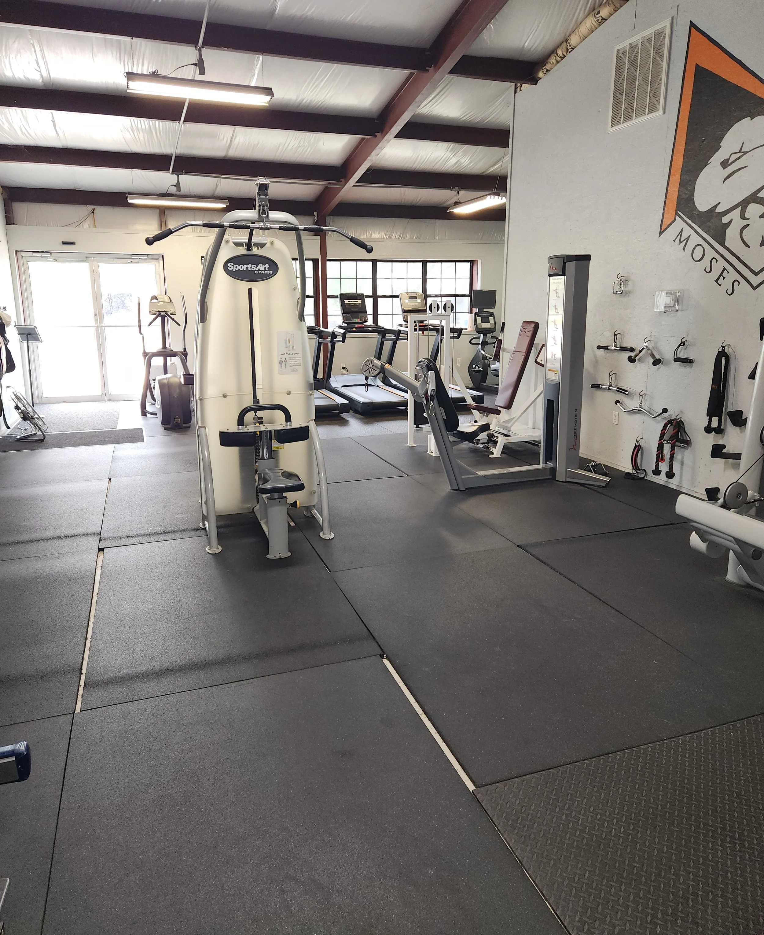 Interior of a gym with various exercise equipment including treadmills, a leg press, and weight machines, with large windows and a brick ceiling.