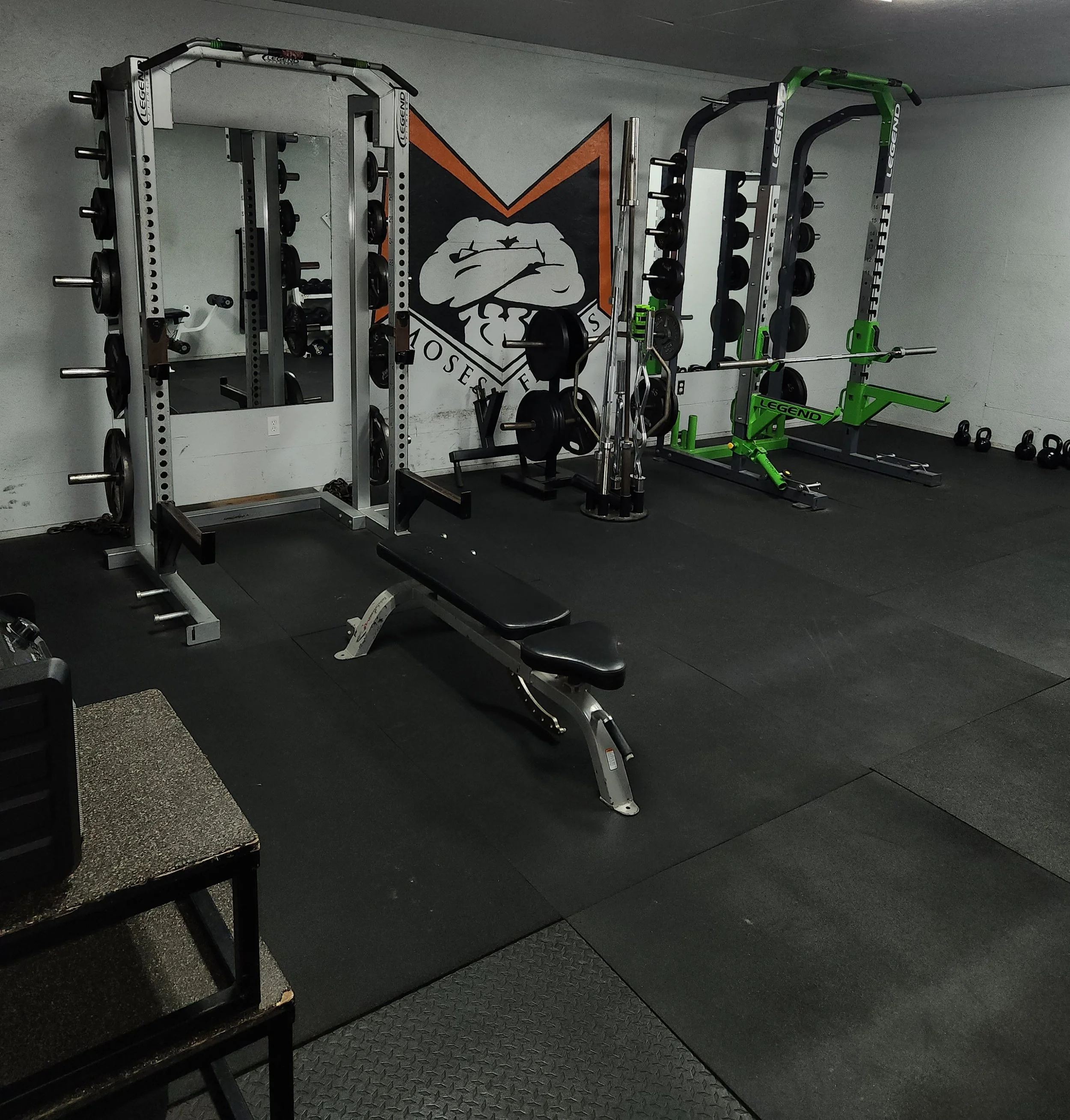 Empty gym with power racks, barbells, kettlebells, and a workout bench, with a gym logo featuring a muscular arm in the background.