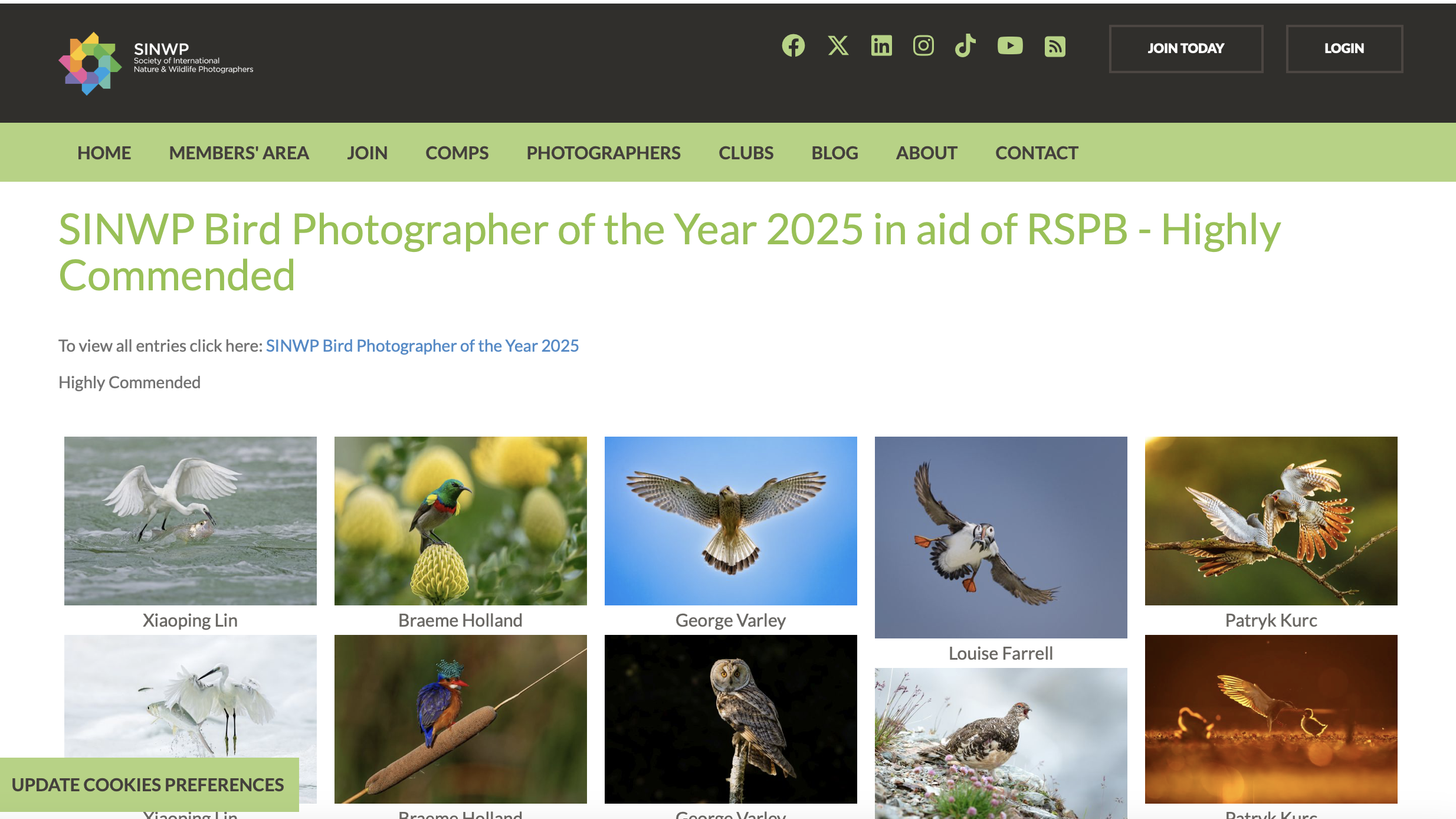 Website of the Society of International Nature & Wildlife Photographers showing the Bird Photographer of the Year 2025 contest winners including various bird photographs.