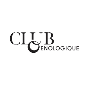 Logo for a club called 'Club Enologique' featuring black and white text and a stylized wine glass icon.