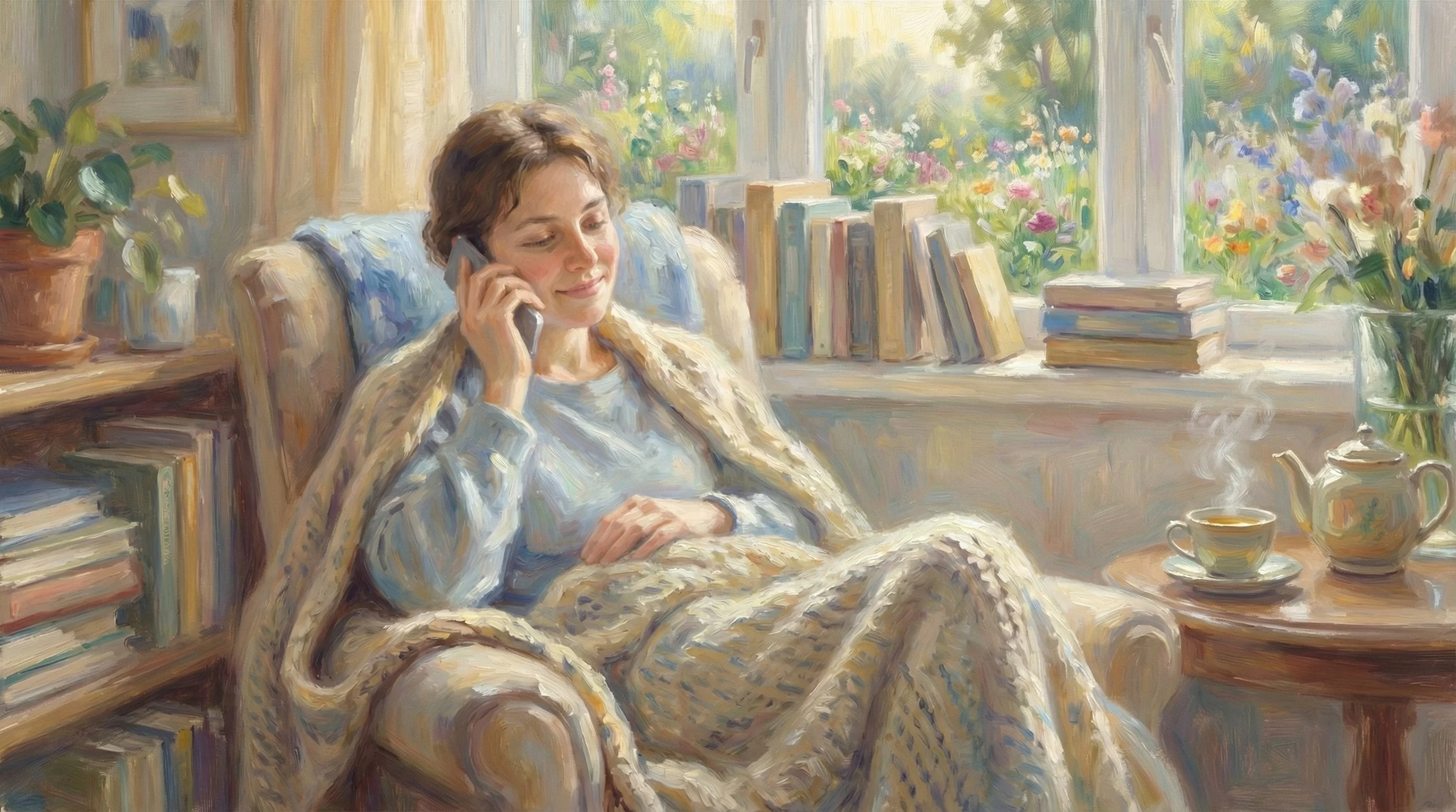 A woman sitting in an armchair, wrapped in a blanket, talking on the phone, with a steaming cup and teapot on a table nearby, in a room with a large window and bookshelves with flowers outside.