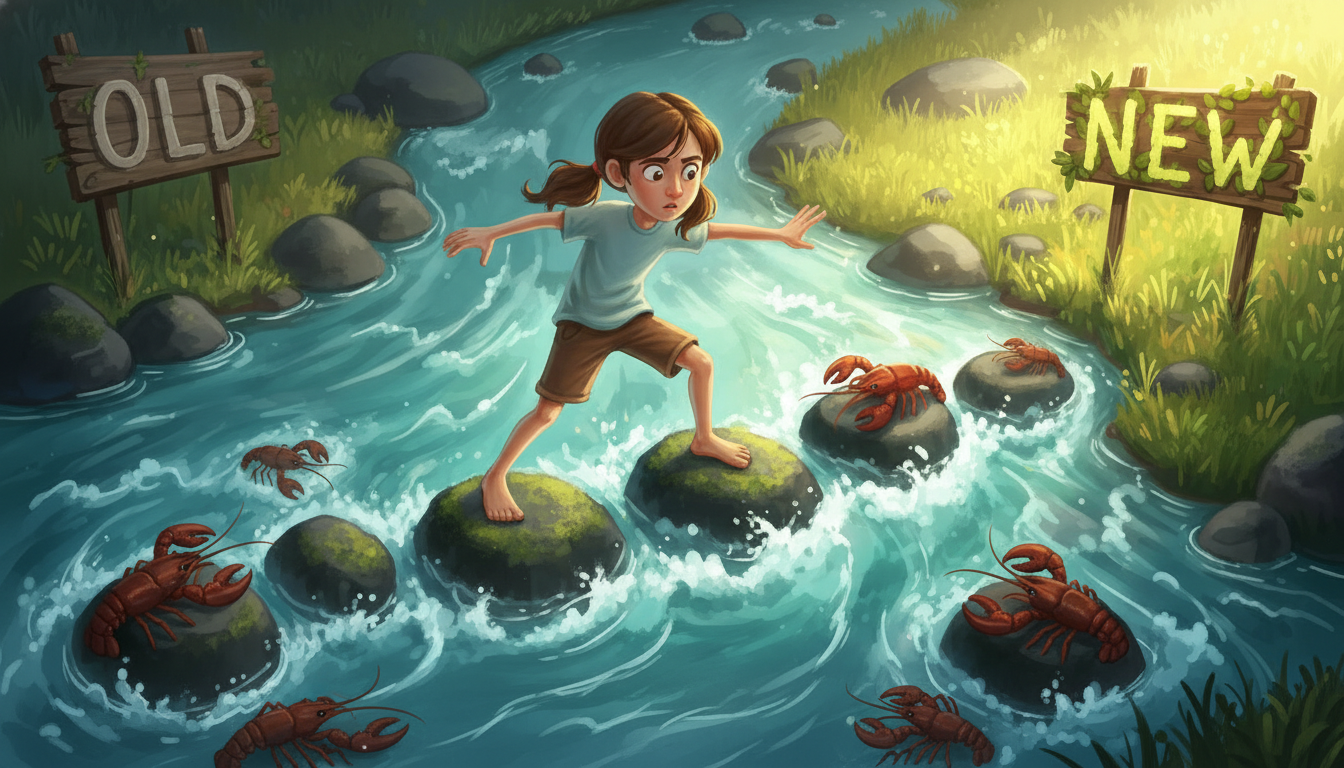 Illustration of a barefoot woman crossing stepping stones from a dark 'Old' side to a sunlit 'New' world, representing the uncomfortable in-between transition. Shifting Light Insights.