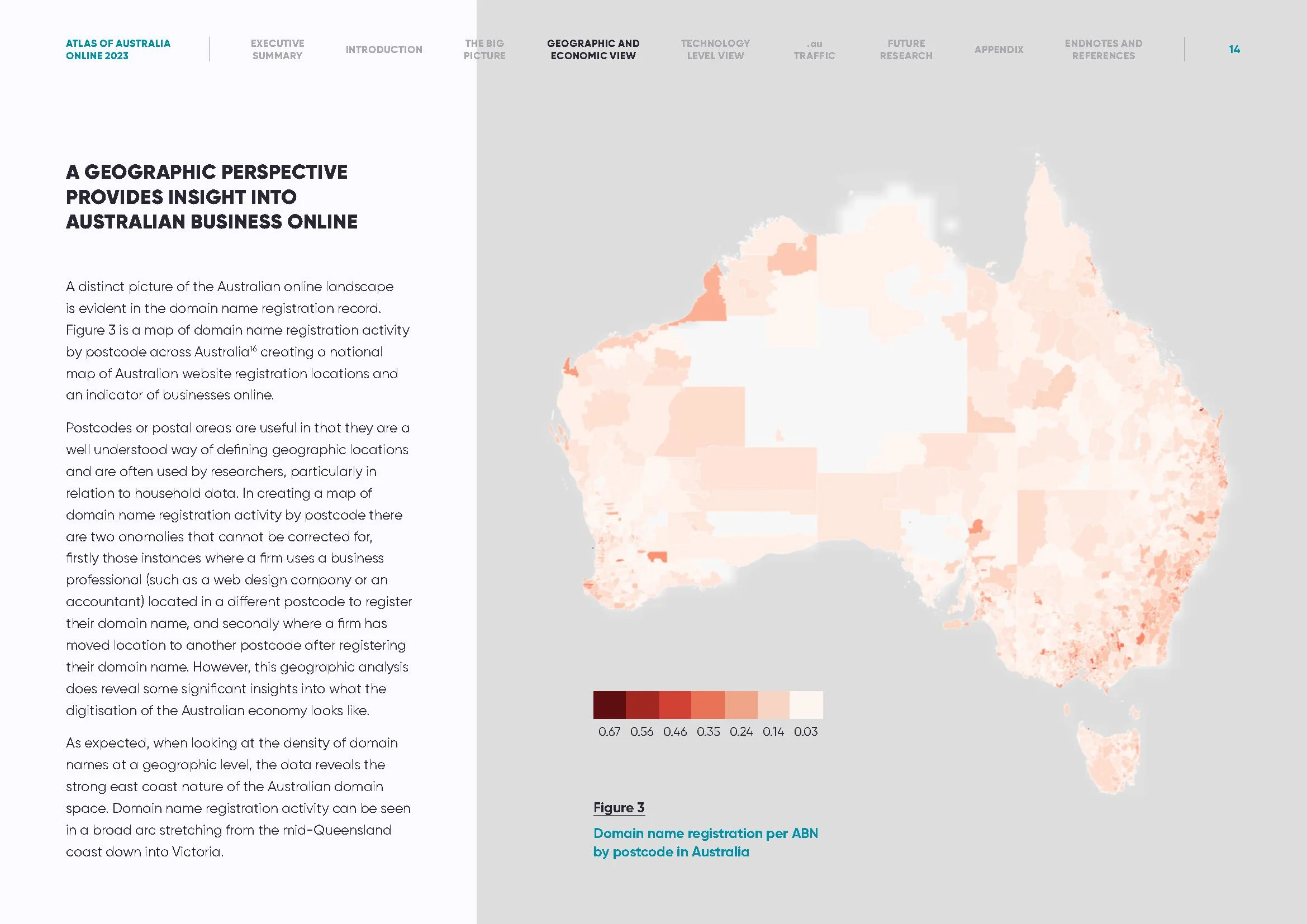 Color-coded map of Australia showing domain name registration activity by postcode, with darker areas indicating higher registration activity.
