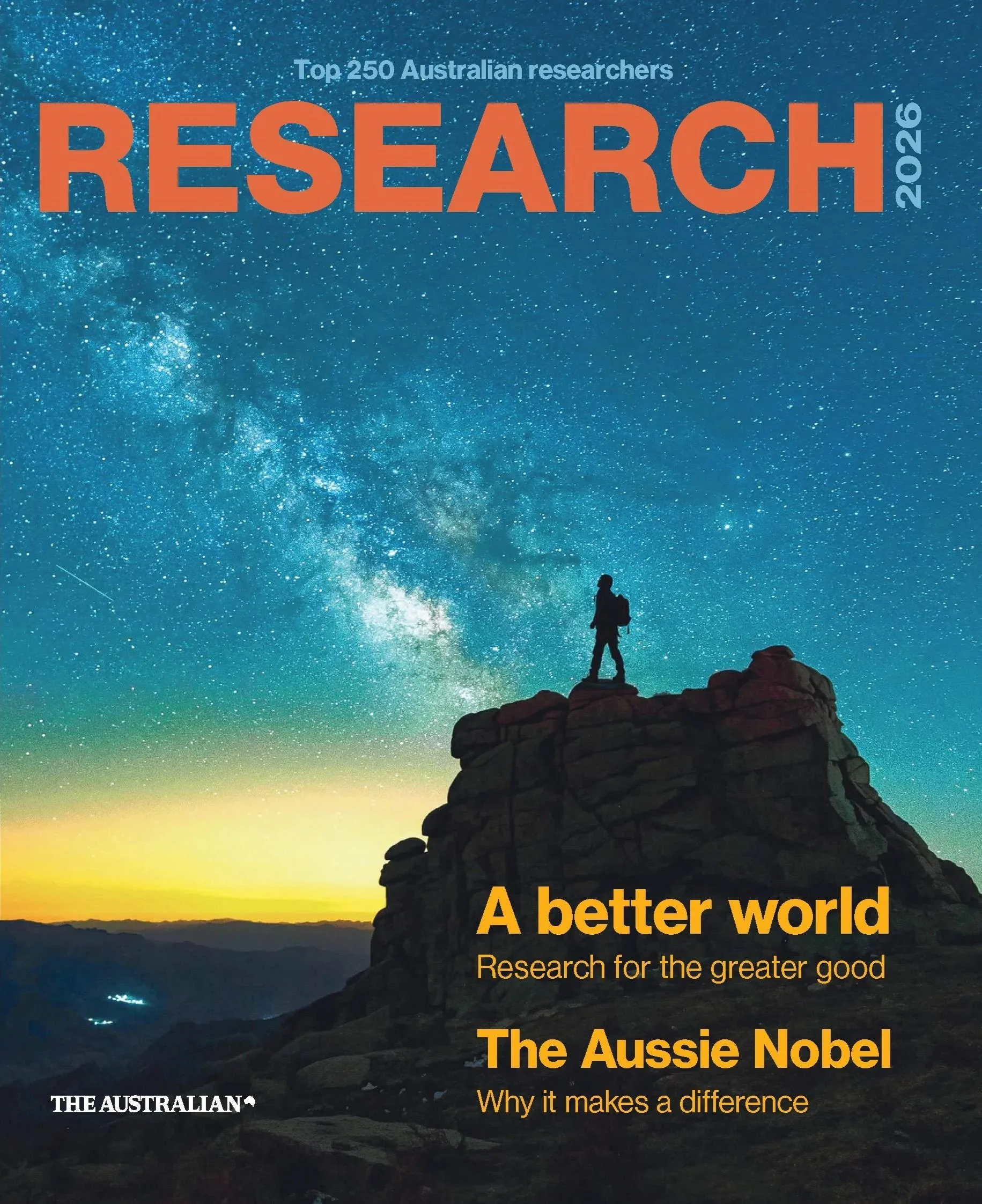 Cover of a research magazine featuring a person standing on a rocky hilltop under a starry night sky with the Milky Way. Text includes "Top 250 Australian researchers 2026," "RESEARCH," and headlines like "A better world: Research for the greater good" and "The Aussie Nobel: Why it makes a difference."
