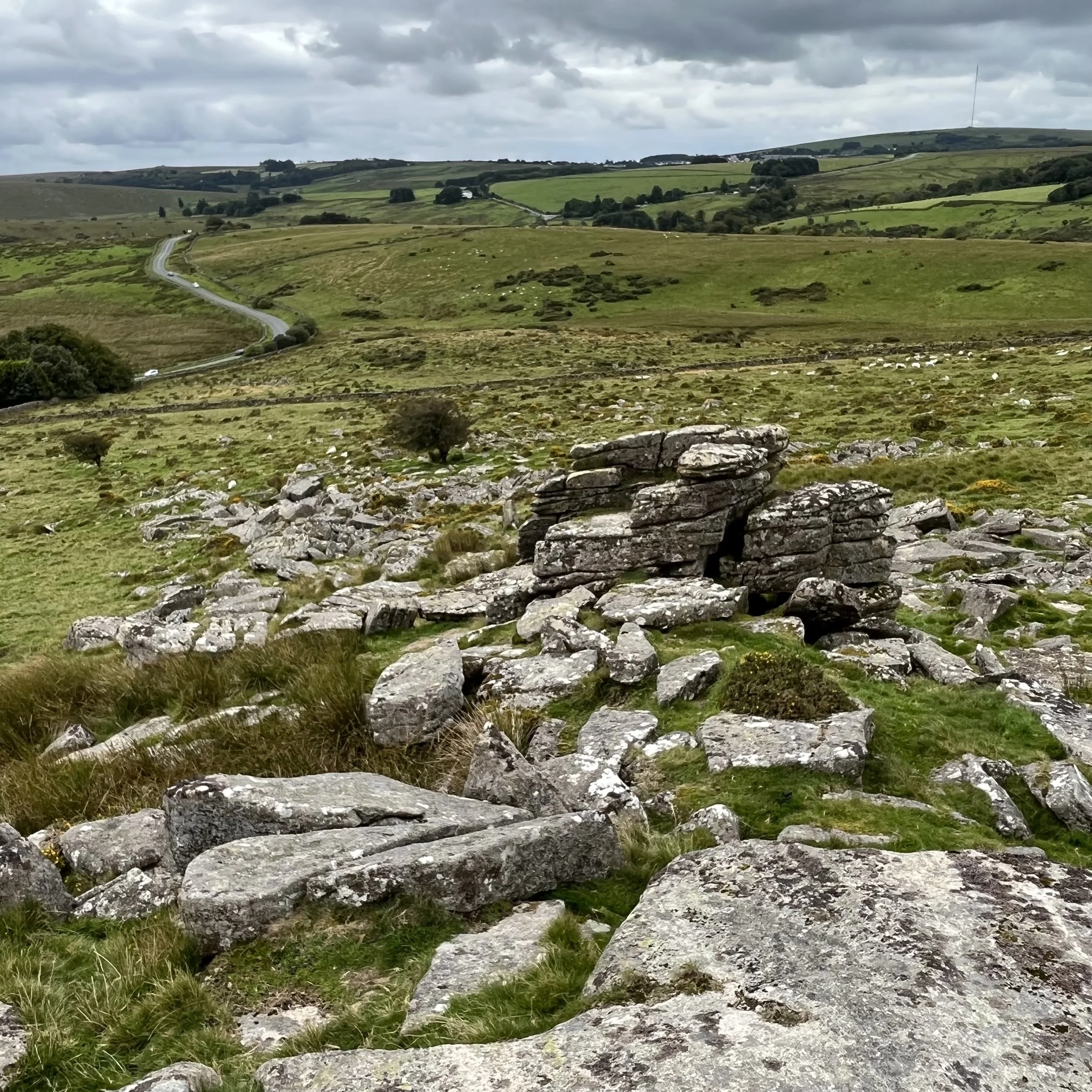 Rolling green hills with a winding road, scattered rocks, and sparse trees under a cloudy sky.
