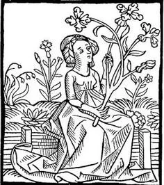 Line drawing of a woman sitting outdoors surrounded by flowers and plants, holding a large branch with flowers.
