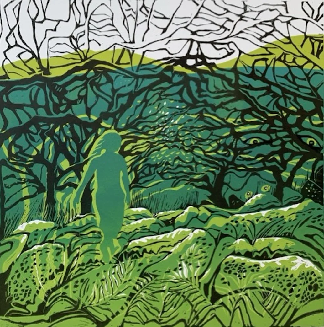 A stylized, abstract digital artwork of a green forest with a person walking through it, surrounded by dense leaves and branches. The scene has a surreal, layered perspective with vivid greens, blacks, and hints of yellow.