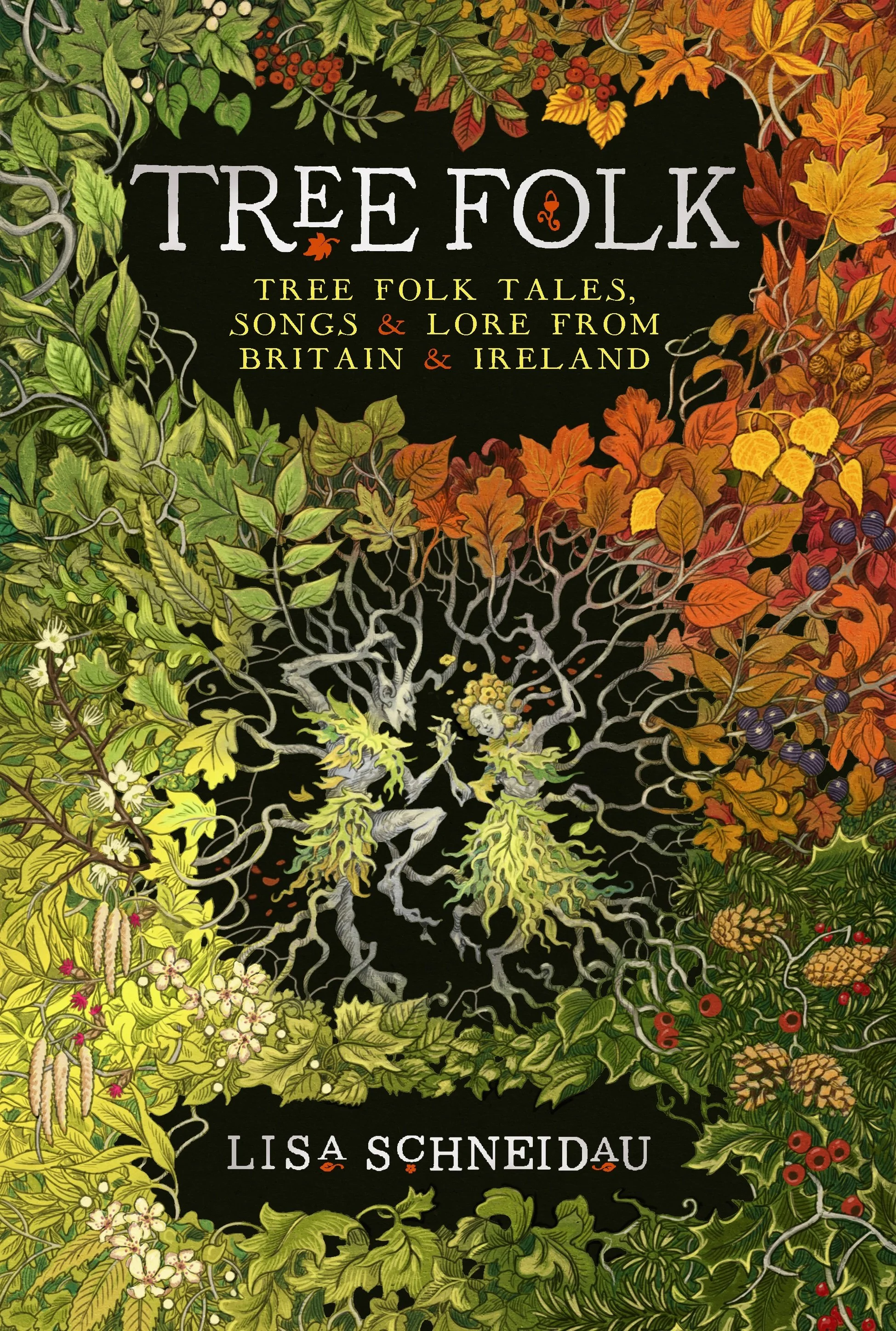 Book cover titled 'Tree Folk' with an illustration of various trees, leaves, and plants surrounding the title, featuring a black background and the author's name, Lisa Schneidau.