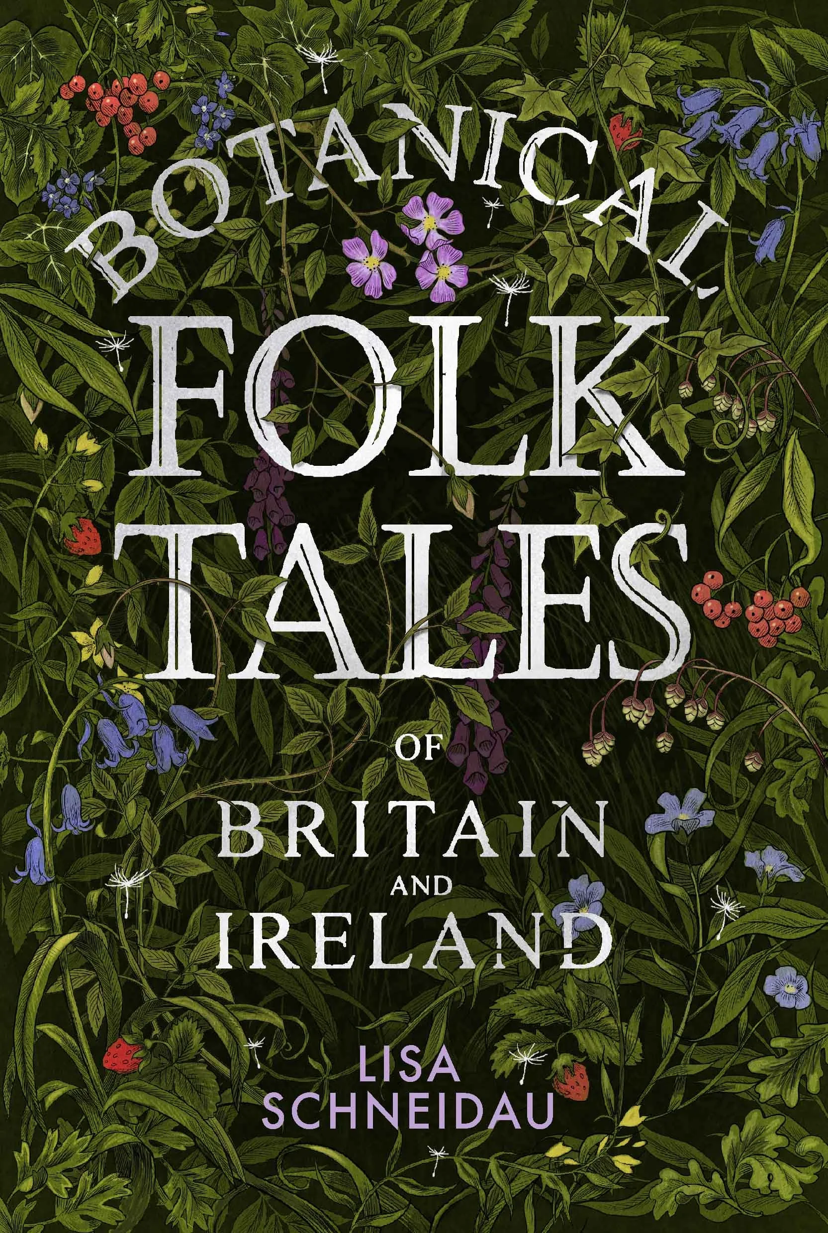 Book cover titled 'Bordering Scotland, Wales, England, and Ireland' by Lisa Schneidau, featuring an intricate illustration of green leaves, purple flowers, and small red berries.