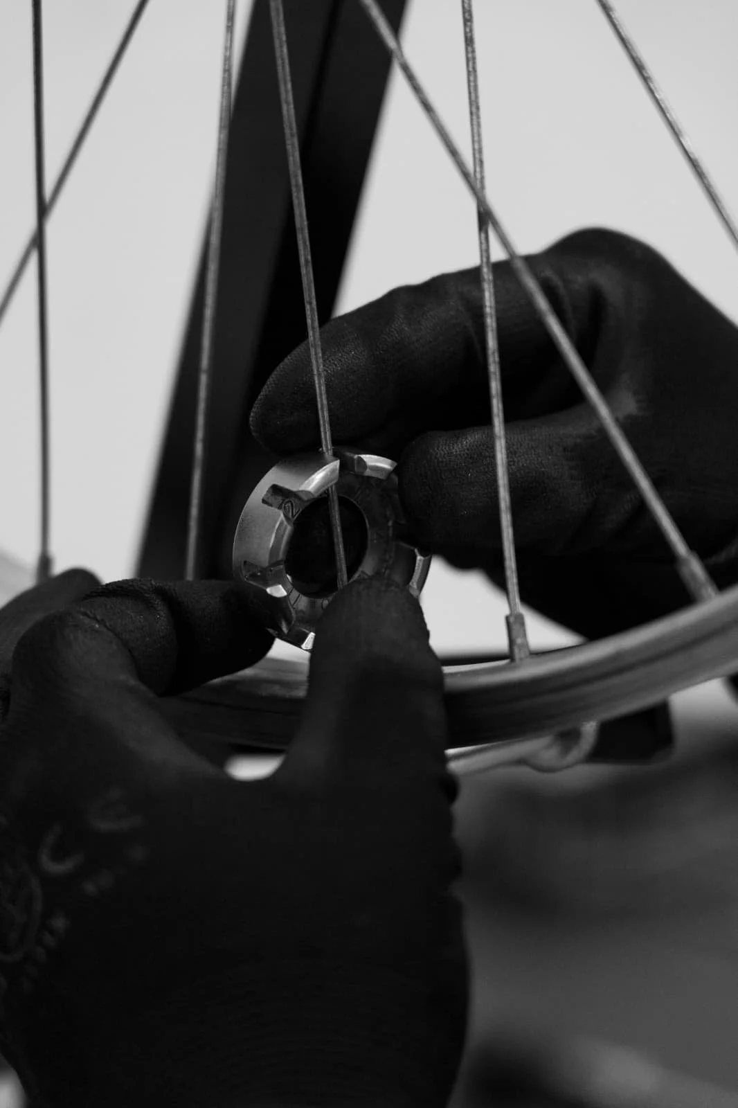 Mani con guanti neri che installano un mozzo sulla ruota di una bicicletta.