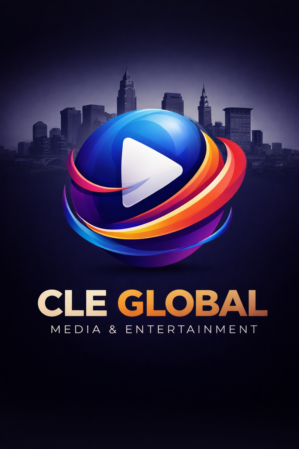 A graphic design logo for CLE Global Media & Entertainment featuring a stylized globe with swirling colors and a prominent play button in the center, set against a city skyline background.