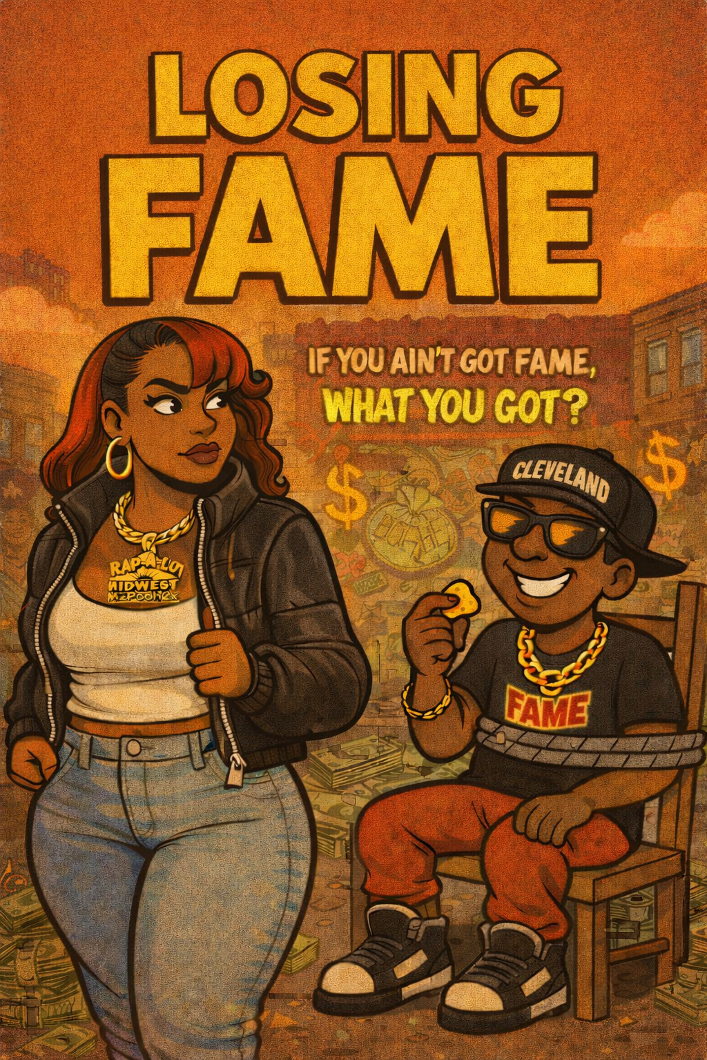 A cartoon illustration of a woman and a boy with cash, gold chains, and streetwear, in front of a graffiti background, with the title "Losing Fame" and the subtitle "If you ain't got fame, what you got?"