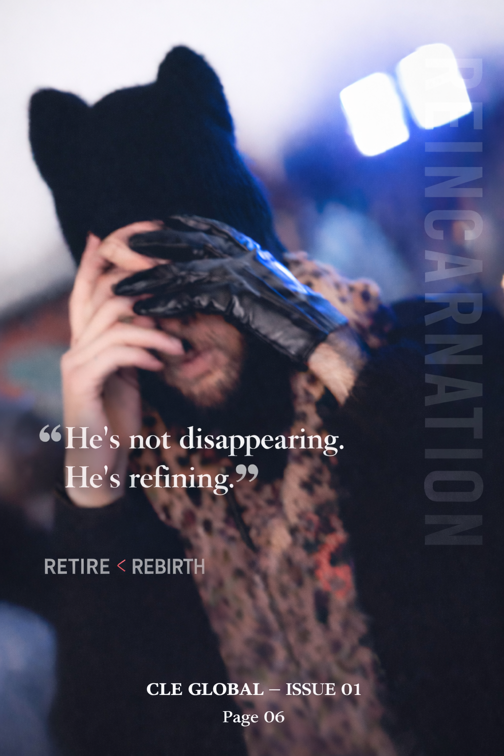 A person wearing a black beanie hat and patterned gloves, holding their face with one hand, with a blurred background of lights.