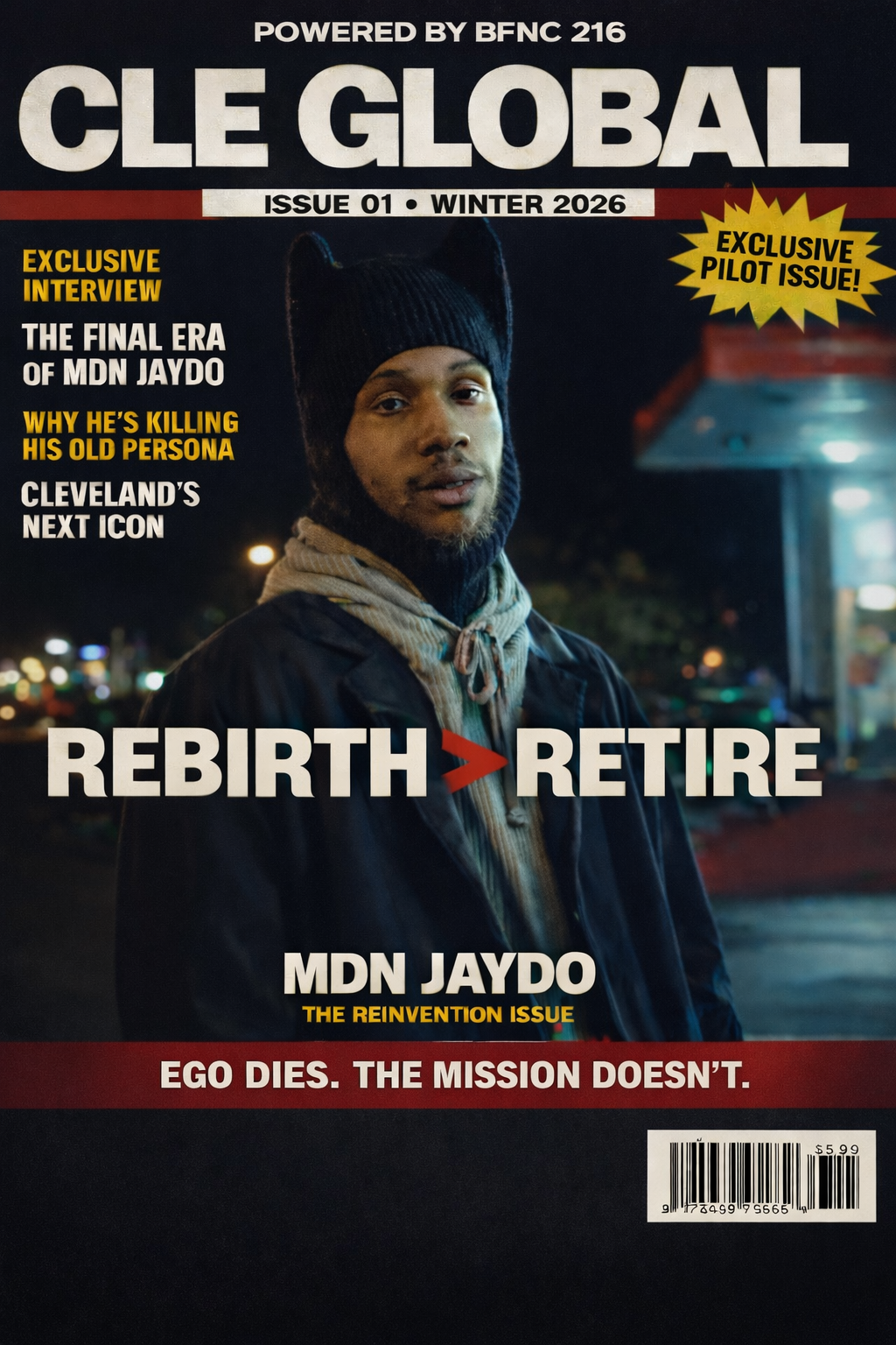 Magazine cover featuring a man wearing a black beanie and a jacket, with the headline "Rebirth > Retirement" and text about MDN Jaydo, issue 01 winter 2026.
