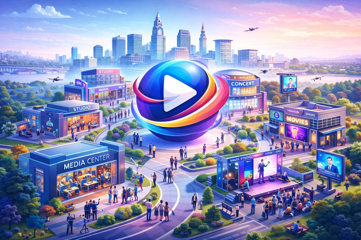 Digital illustration of a cityscape with a large central globe featuring a play button, surrounded by buildings labeled Media Center, Studio, Concert Hall, Movies, and Miss Studio, with people walking and engaging in various activities, helicopters flying in the sky, and a modern urban skyline in the background.