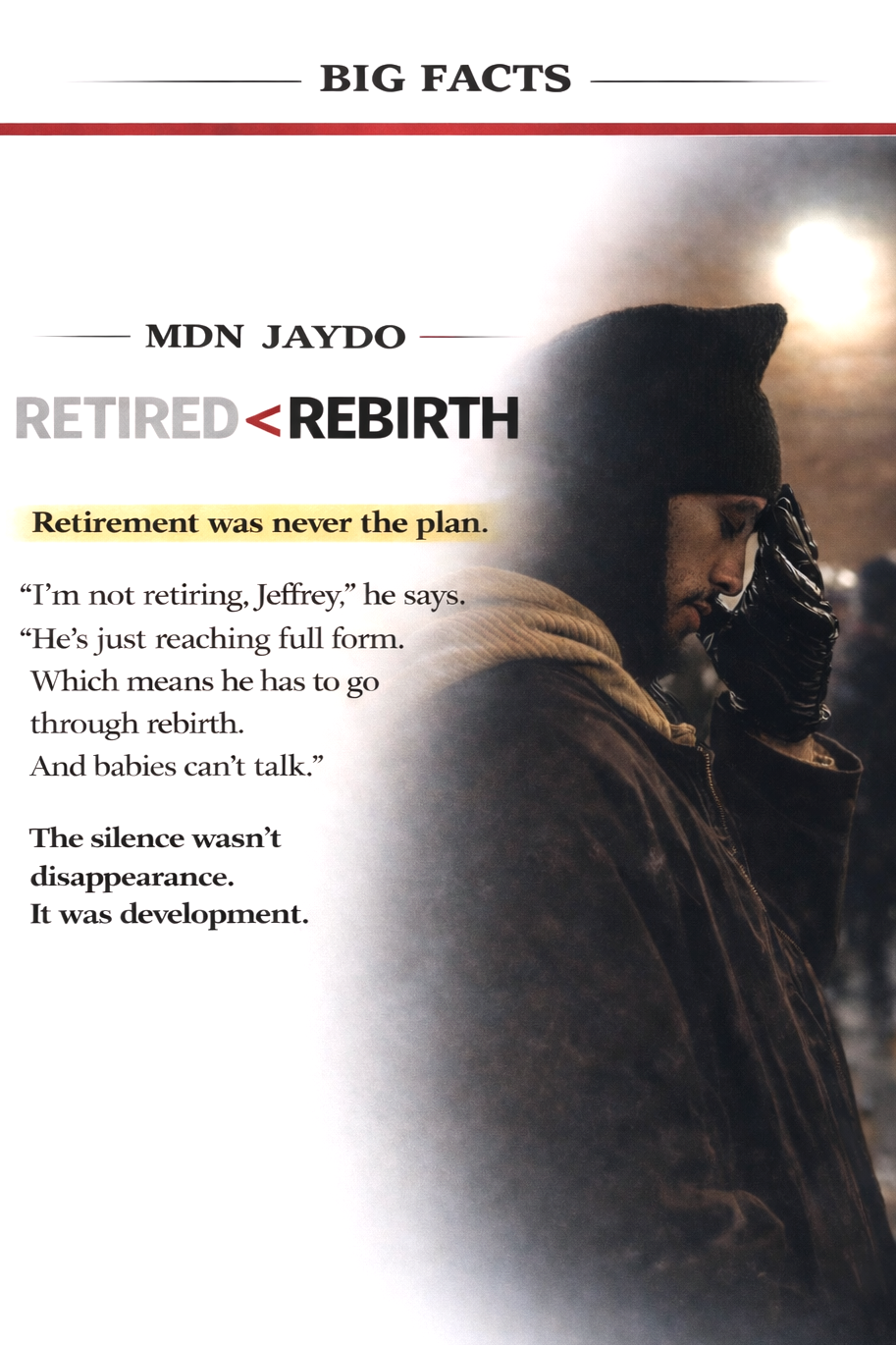 Cover of a magazine or book featuring a man in a black hat and brown jacket with his hand on his forehead, with a sunset or sunrise in the background. The text includes bold headlines and a quote about retirement and rebirth.