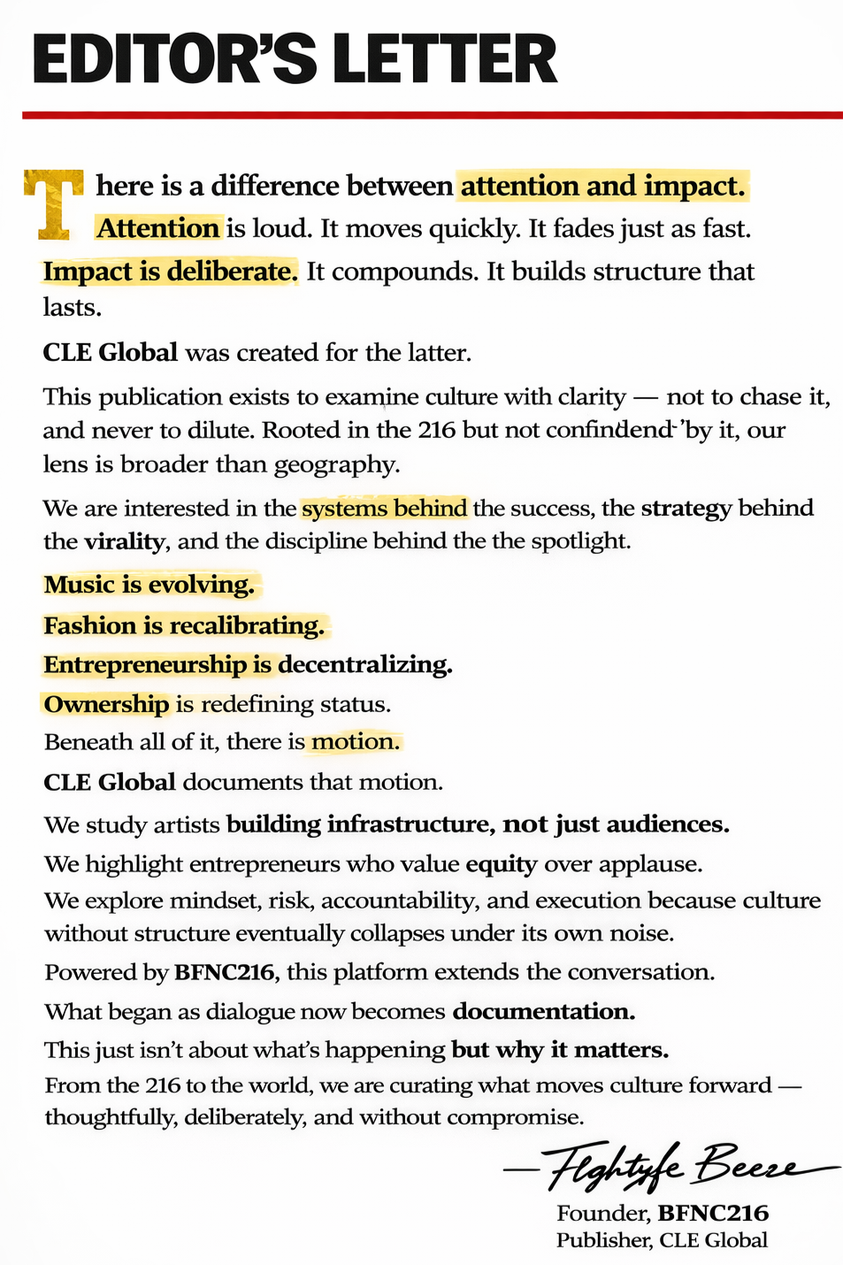 An editorial letter from CLE Global discussing the importance of attention, impact, systems, strategy, music, fashion, entrepreneurship, ownership, motion, and documentation in culture and business.