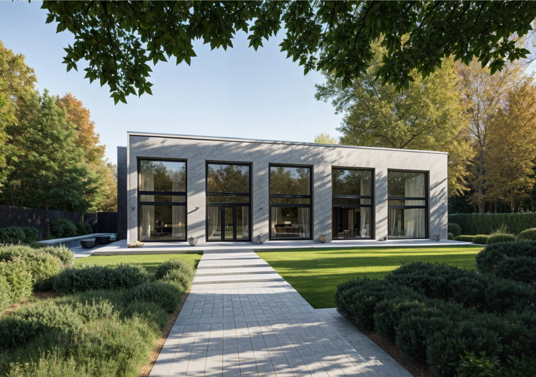 Modern house with large glass windows and a landscaped yard with a stone pathway, trees, and shrubs.