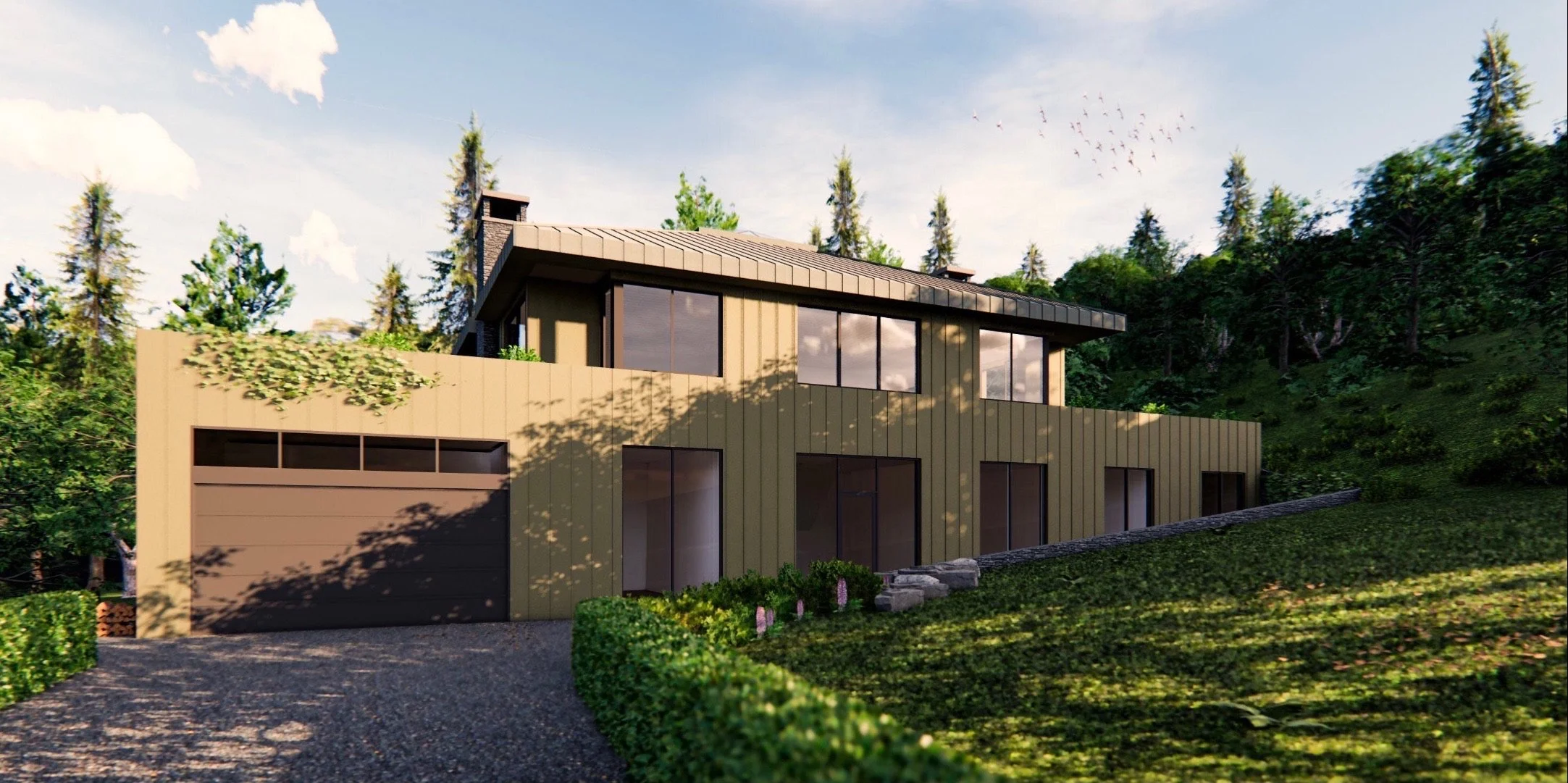 Modern two-story house with large windows surrounded by trees and greenery, with a gravel driveway in the front.