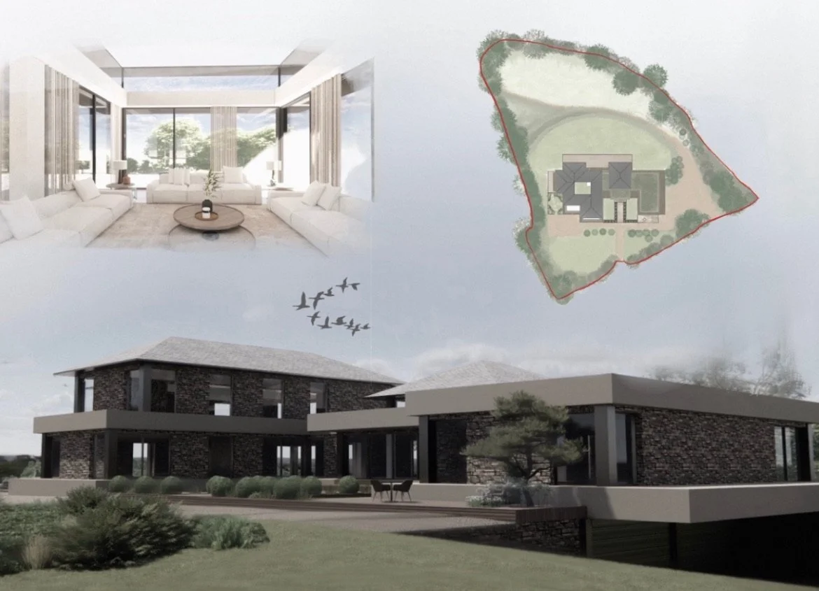 A house with modern architecture, surrounded by greenery, and a floor plan layout with a spacious interior room with large windows.