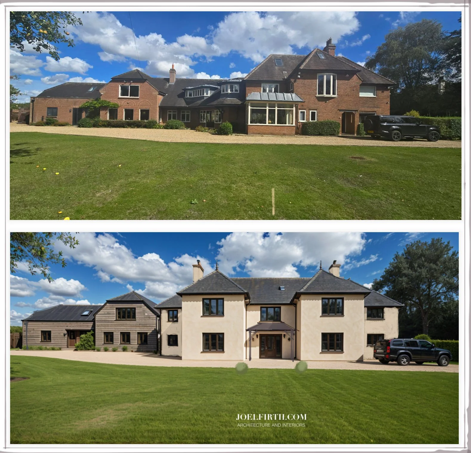 Comparison of two houses; top house is a large brick home with multiple rooflines, tan windows, and an outdoor kayak; bottom house is a two-story modern home with light-colored stucco and dark wood accents, surrounded by a grassy lawn.