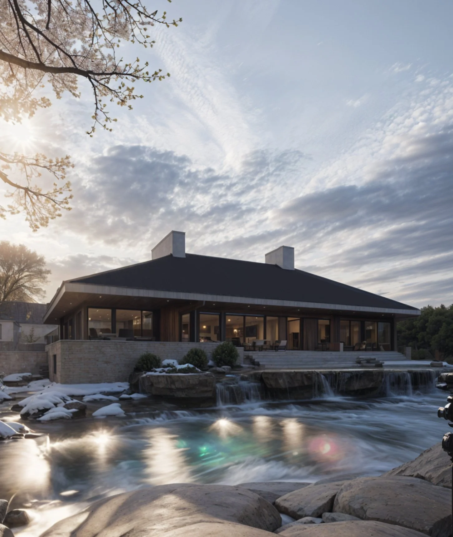 A modern house with large glass walls, situated near a flowing stream with rocks and small waterfalls, under a partly cloudy sky during sunset.