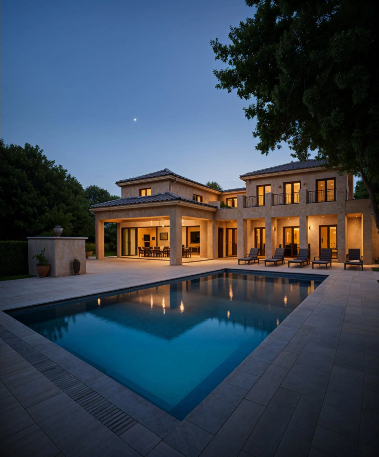 Luxury house with illuminated interior, outdoor pool, and surrounding trees during dusk.