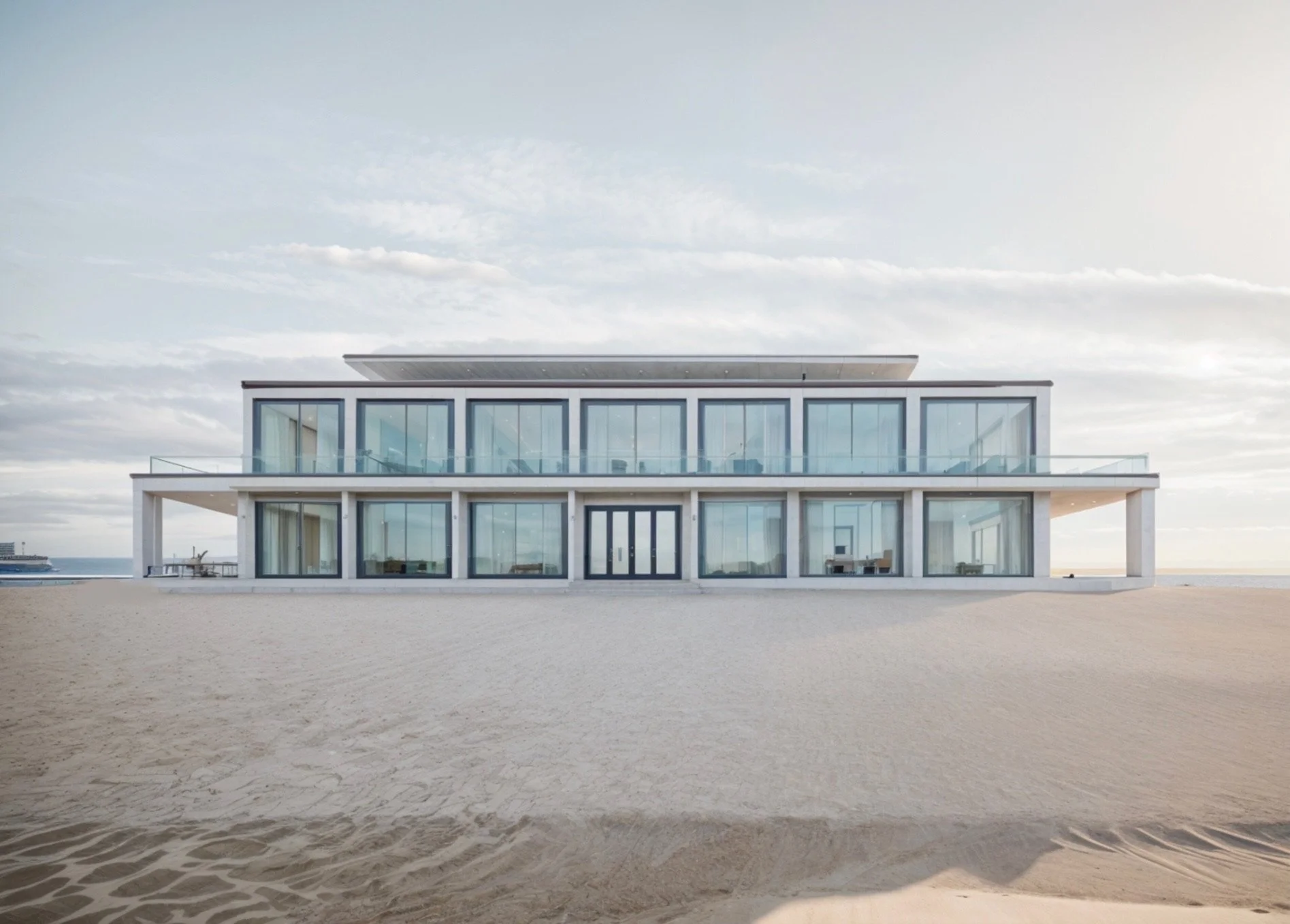 Modern beachfront house with large glass windows and multiple levels, situated on sandy ground with a cloudy sky.