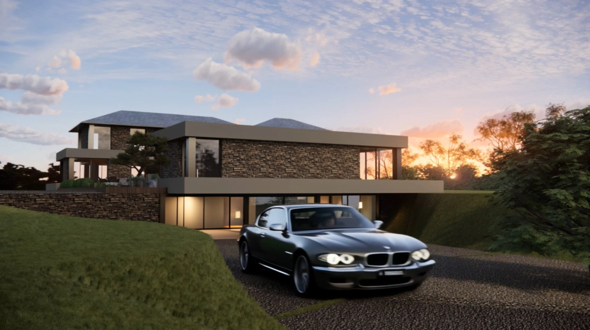 Modern house with stone and concrete exterior, large windows, surrounded by lush greenery, with a sleek black car parked in front during sunset.