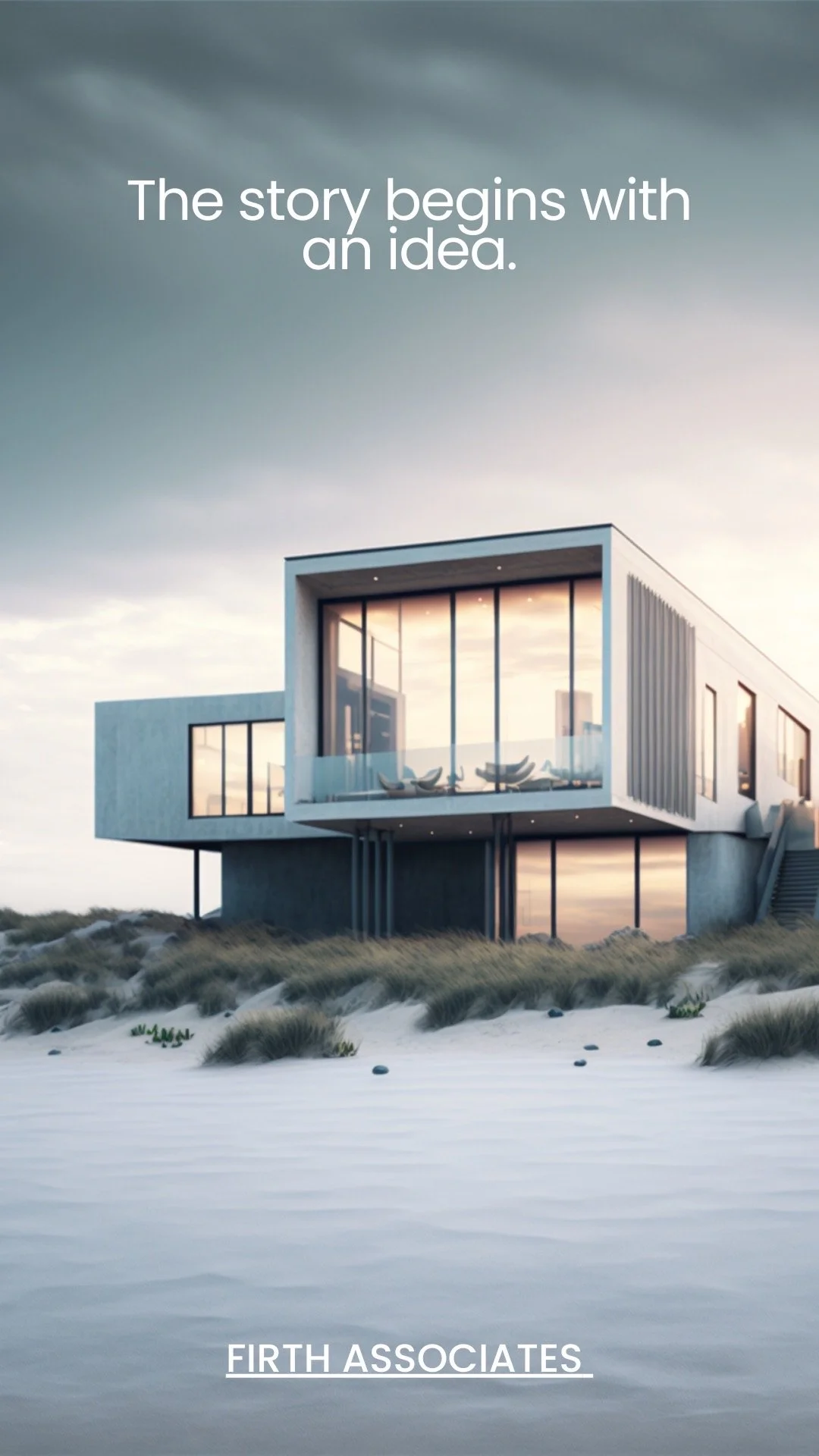 Modern house situated on a sandy beach with dune grass, featuring large glass windows and a white exterior, with the sky showing a sunset or sunrise.