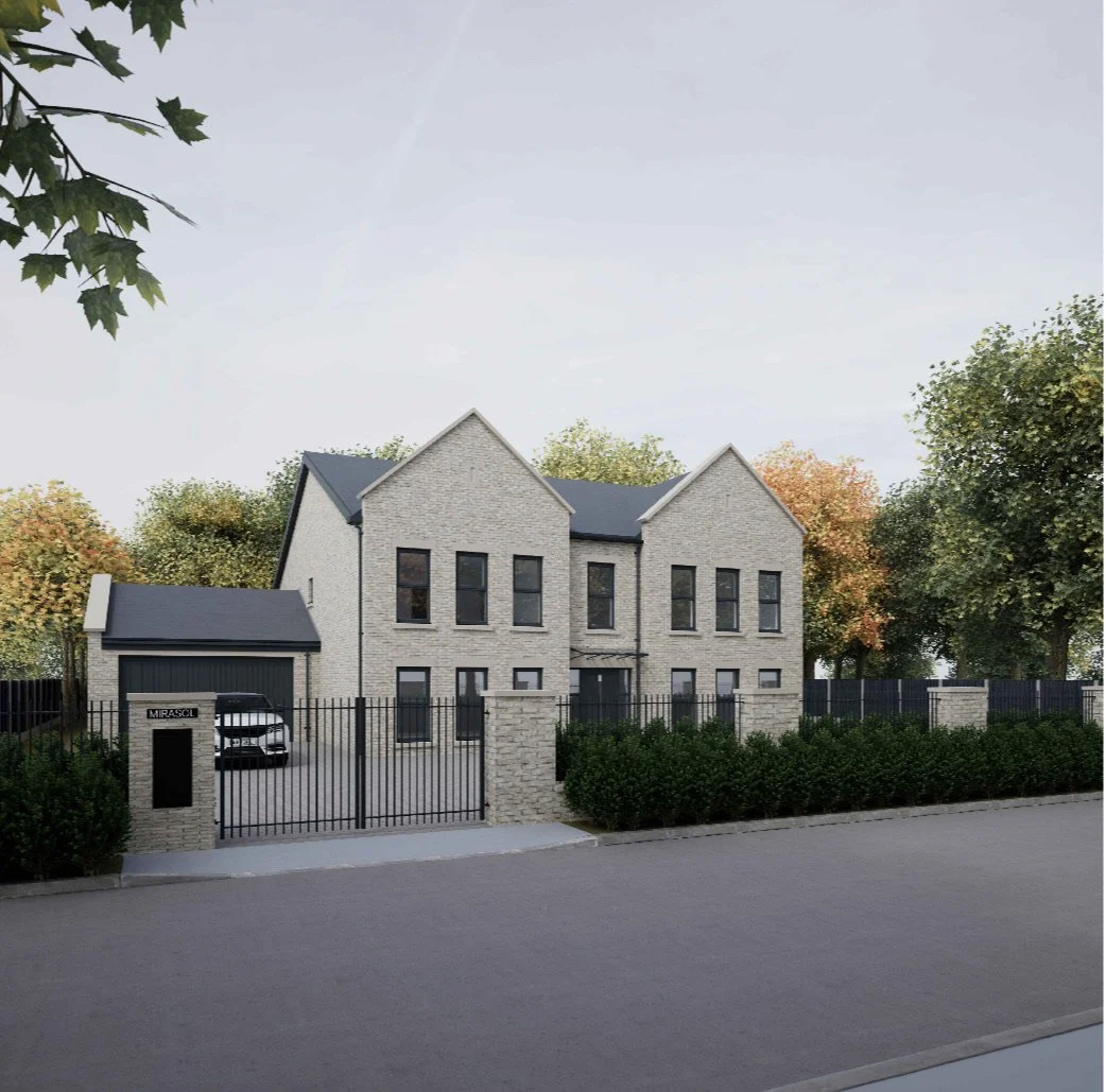 A modern white brick house with a black garage door, surrounded by a black fence with a gate. There are trees with green and orange leaves in the background, and a black car parked in the driveway.