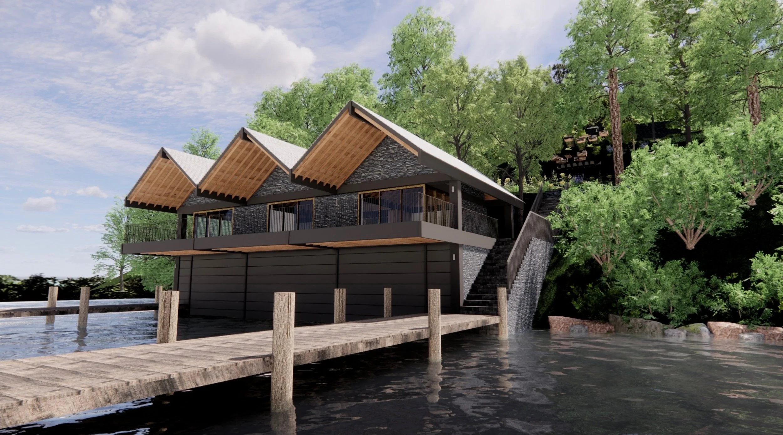 Modern house with multiple A-frame roofs built on stilts over water, with a wooden pier leading to the house, surrounded by lush green trees and a partly cloudy sky.
