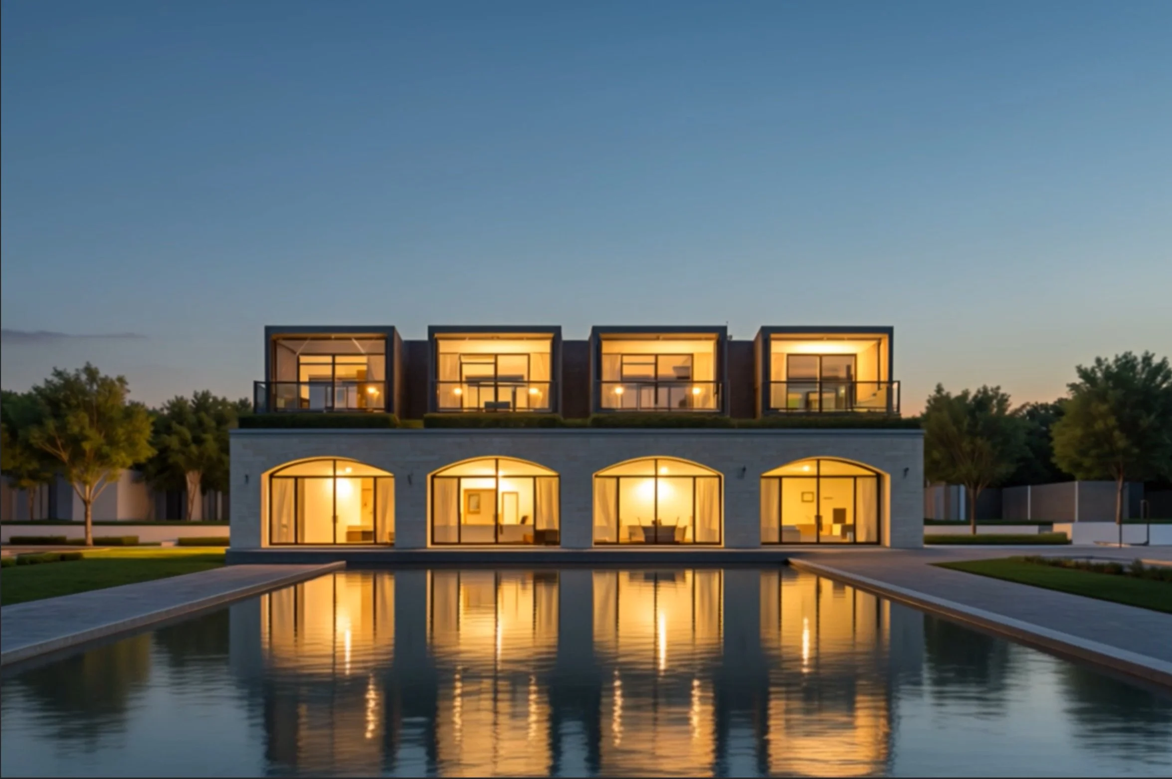 Modern multi-story house with large glass windows and a swimming pool, illuminated at dusk.