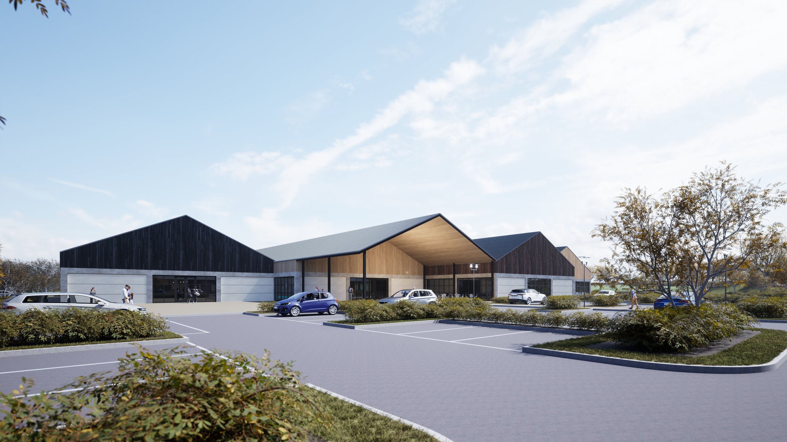 Rendering of a modern building with parking lot and people walking outside, surrounded by landscaped greenery and trees.