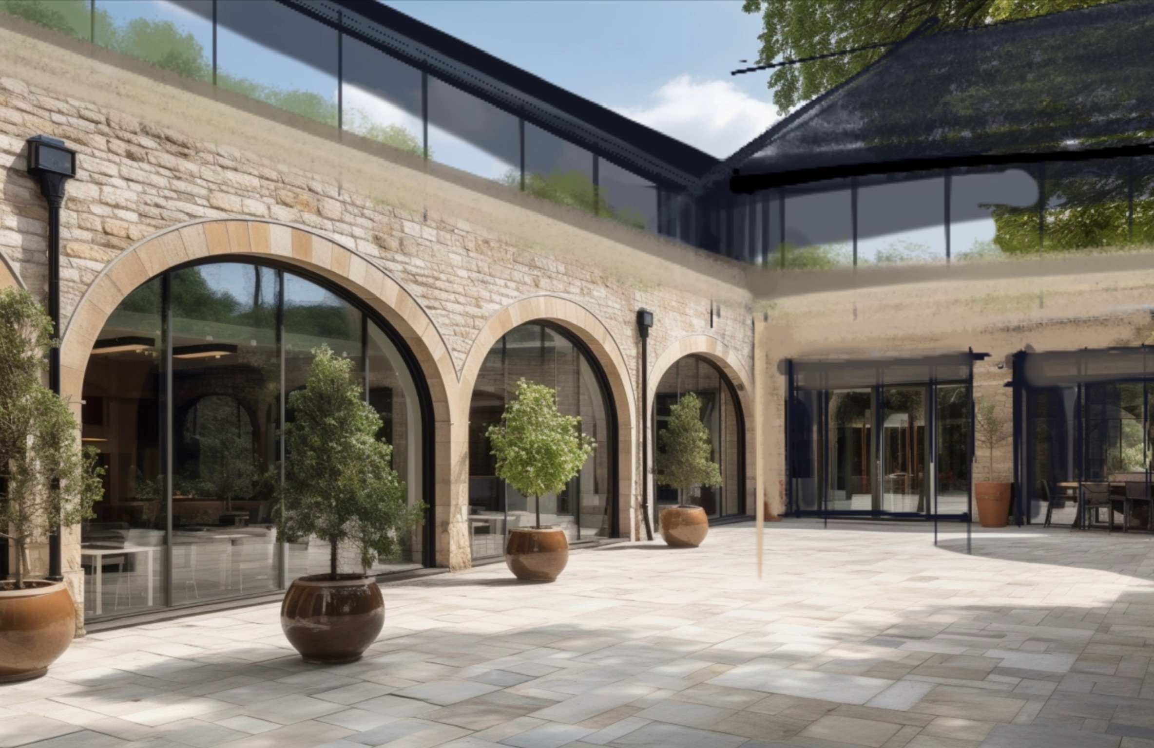 Modern courtyard with large potted trees, stone walls, glass windows, and a glass roof.