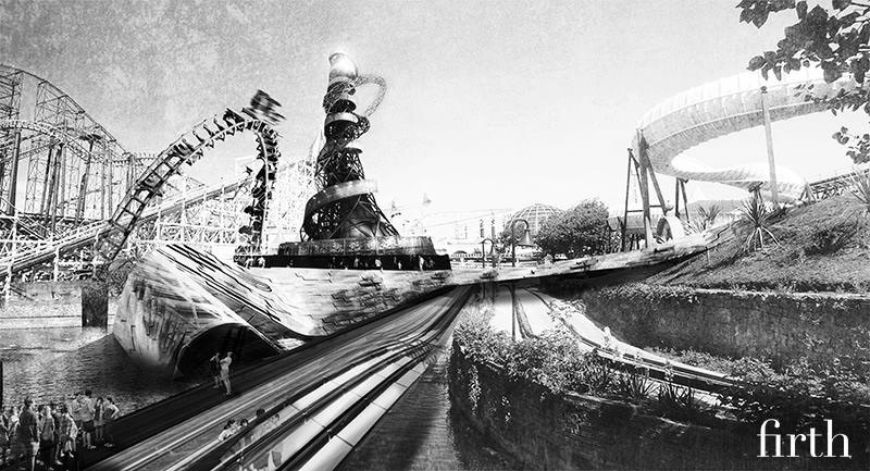 A black and white artistic sketch of an amusement park with roller coasters, a water slide, and a large funnel ride, with people walking and enjoying the attractions.