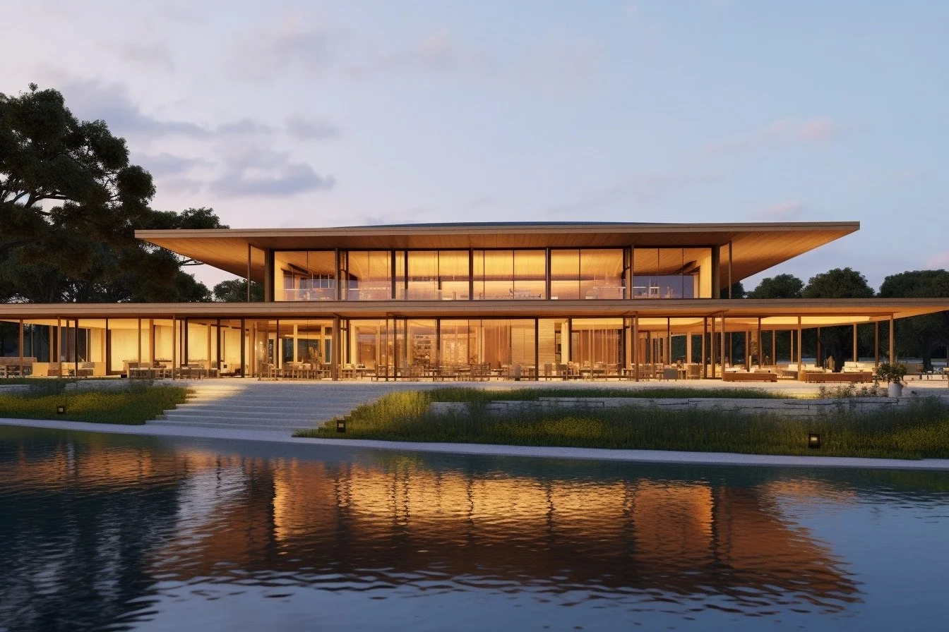 Modern two-story house with large glass windows and a flat roof, reflecting sunset, surrounded by trees and a pool in the foreground.