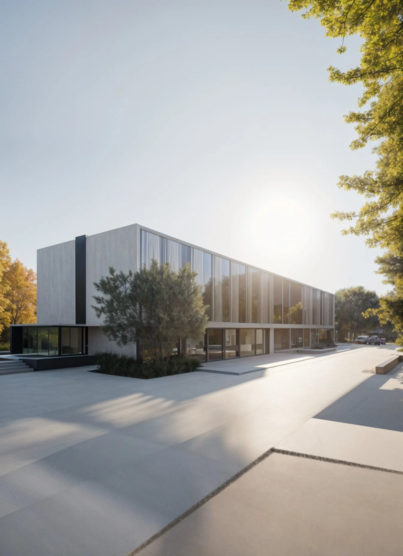 Modern, minimalist building with large glass windows, surrounded by trees and a paved outdoor area, sunlight shining in the background.