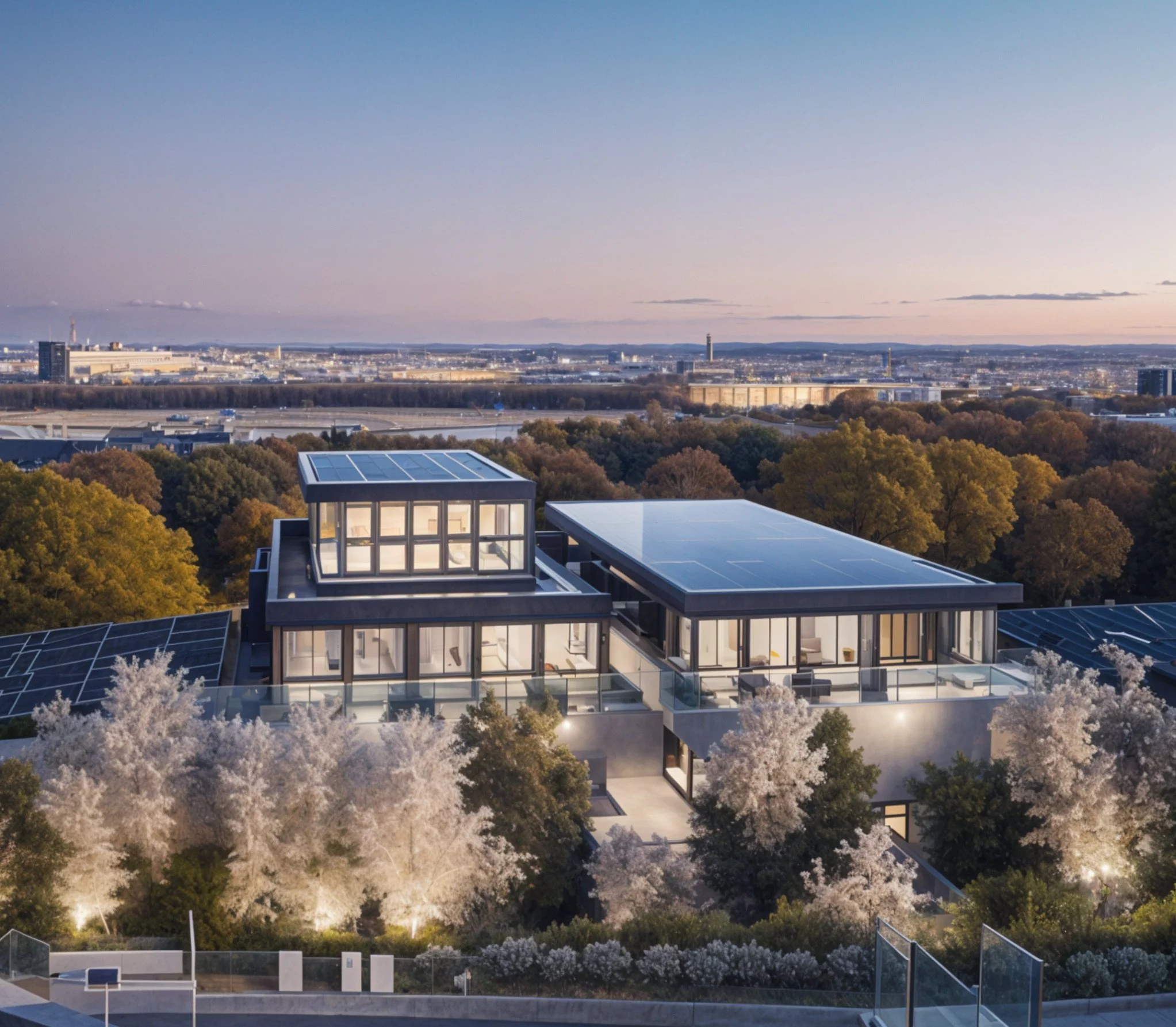 Modern house with multiple glass structures and solar panels on the roof, surrounded by blooming white trees, with a cityscape in the background at sunset.
