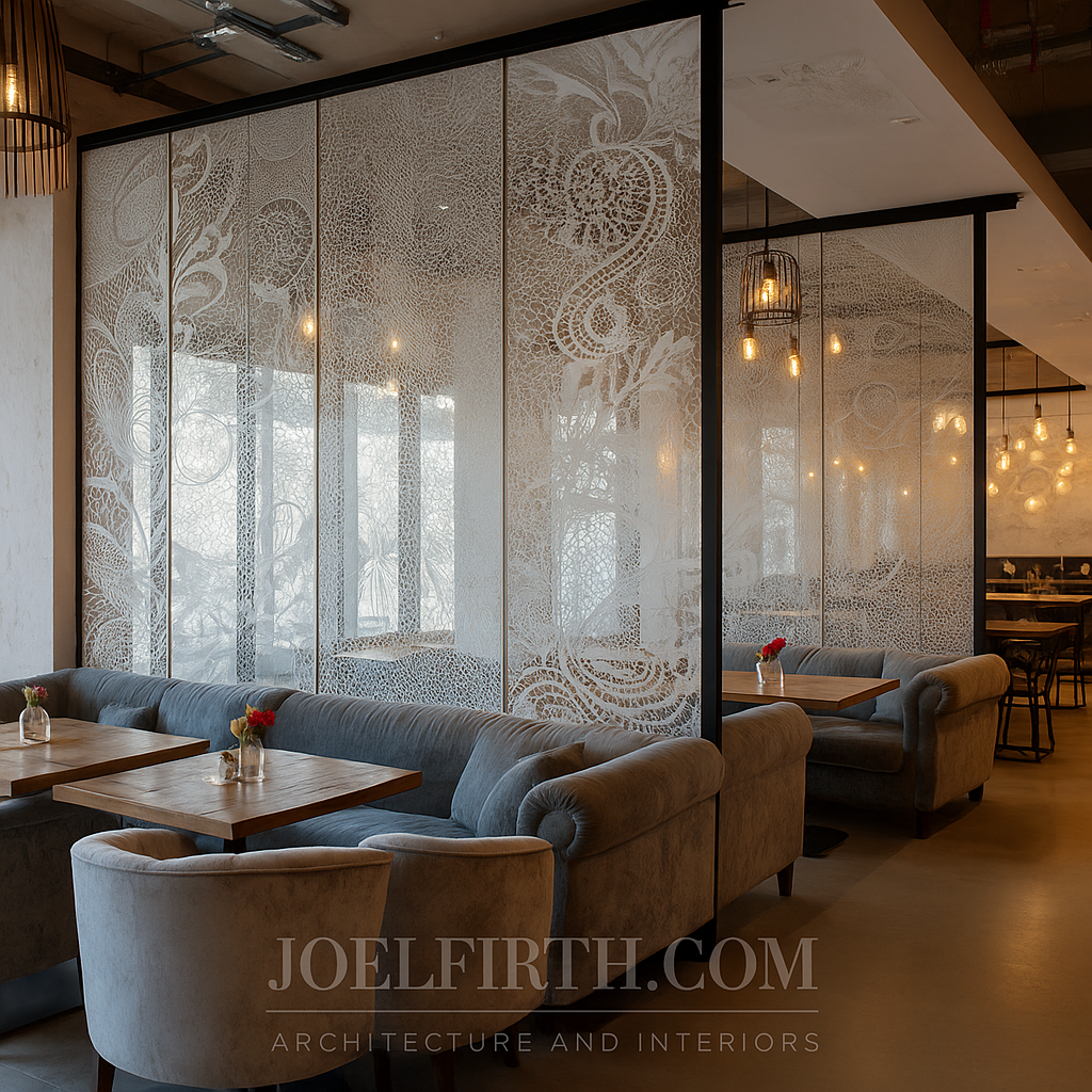 Cozy restaurant interior with plush beige sofas and wooden tables decorated with small vases of flowers, separated by decorative glass panels with intricate patterns, and warm lighting fixtures.