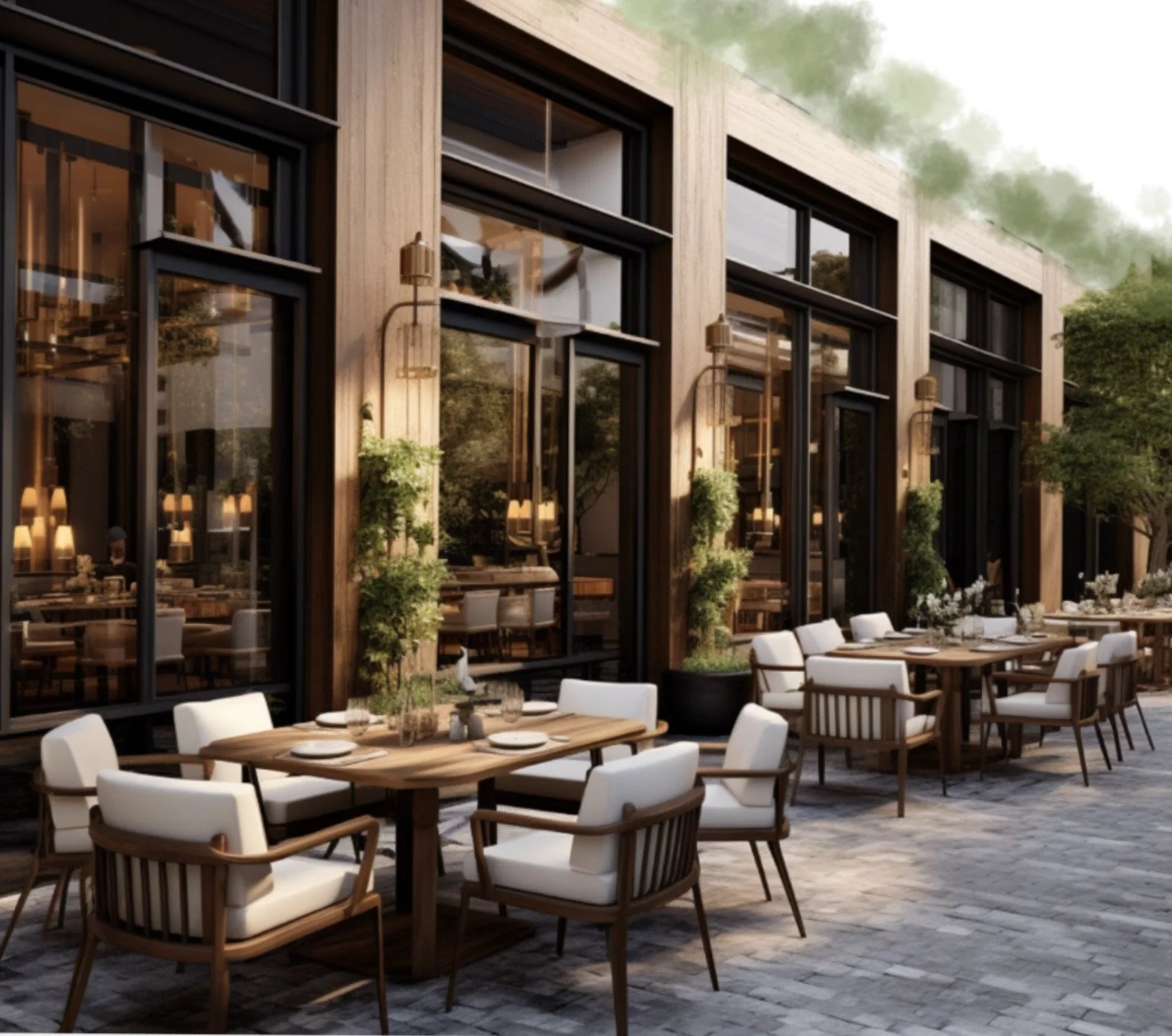 Outdoor restaurant patio with wooden tables and white cushioned chairs, adjacent to a modern building with large glass windows and potted plants, on a cobblestone surface, with trees in the background.