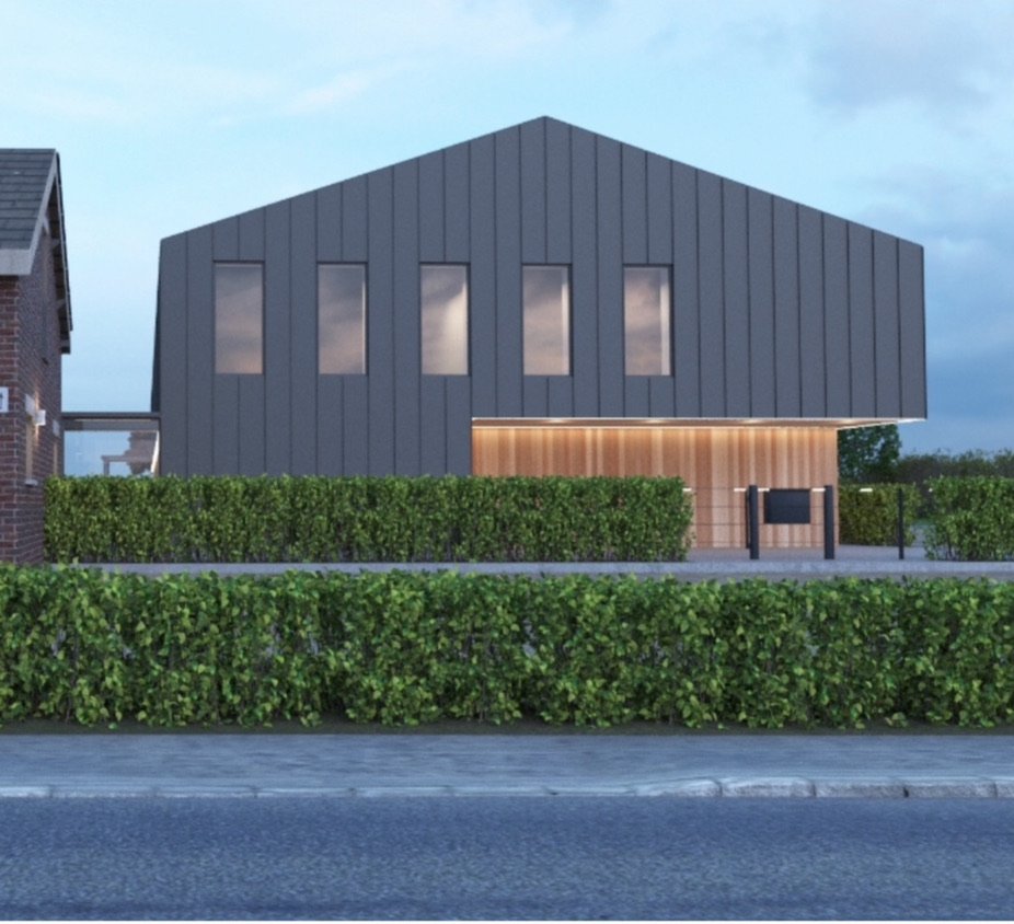 Modern two-story house with gray exterior siding, a sloped roof, and large windows, surrounded by trimmed bushes and a street in front.