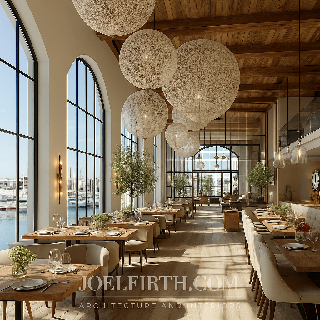 Elegant restaurant interior with large arched windows overlooking a marina, wooden ceiling, hanging spherical pendant lights, and dining tables set with plates, glasses, and napkins, complemented by potted greenery.
