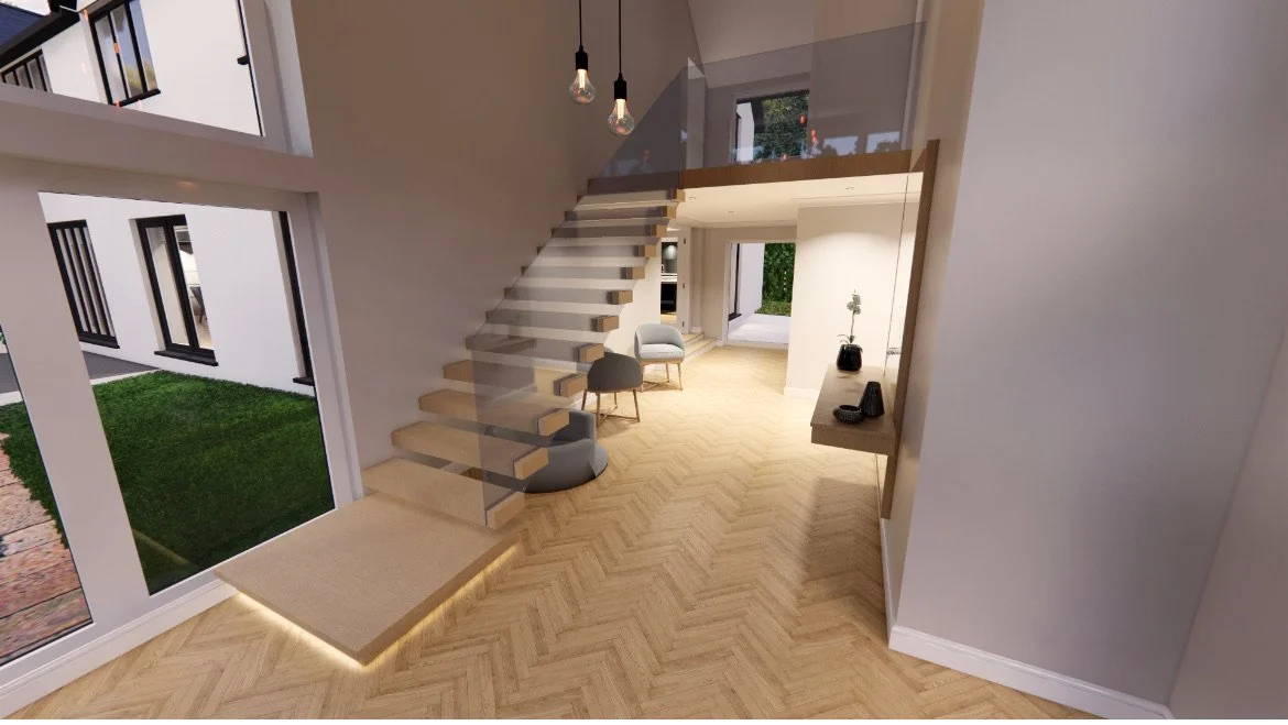 Modern living room with large windows, floating staircase, chandelier, seating area, and decorative vases.