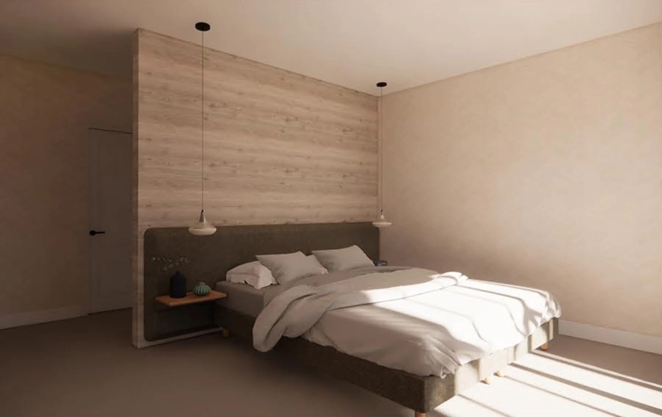 A minimalist bedroom with a bed, beige walls, and two hanging pendant lights.