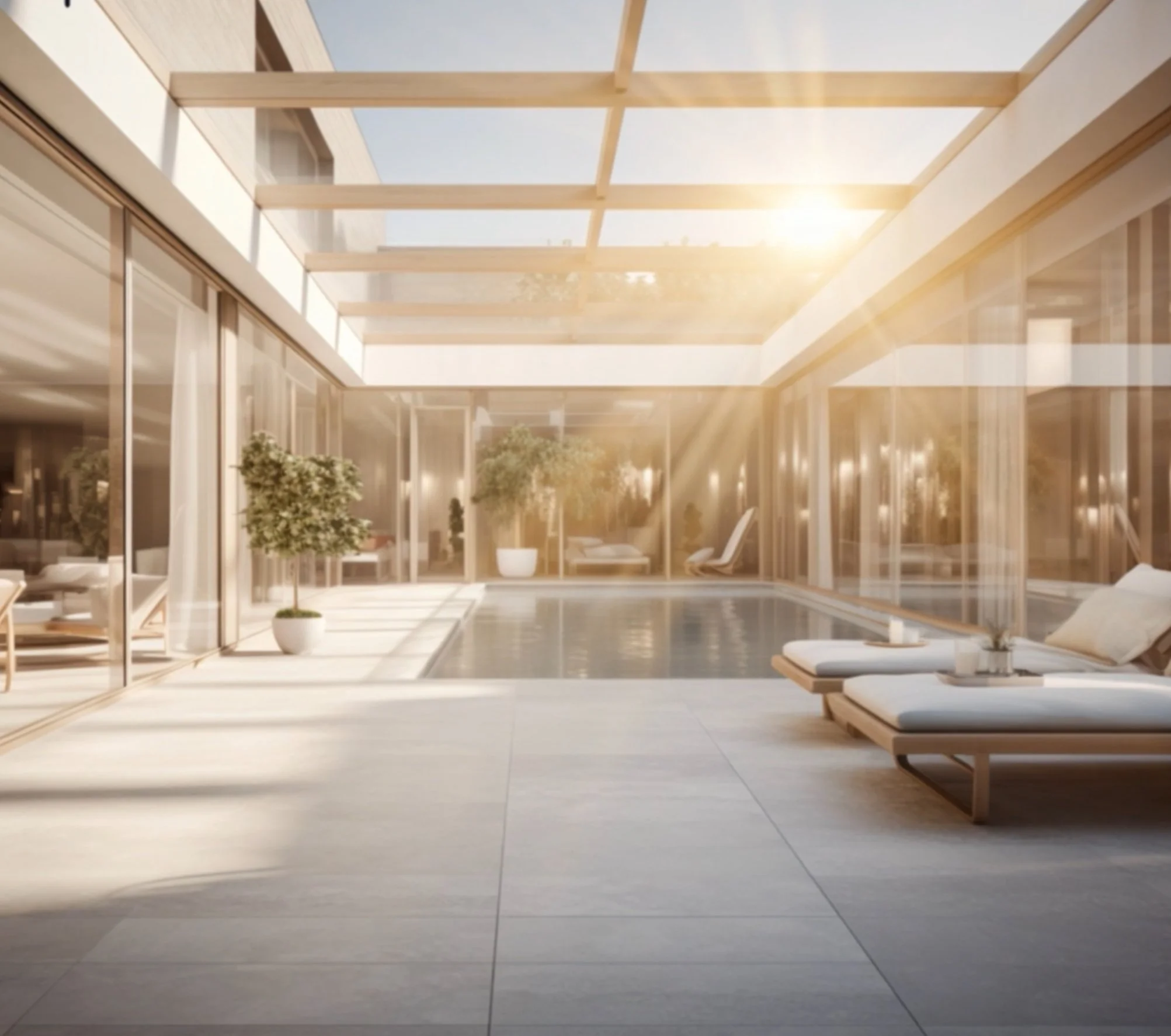 Indoor swimming pool area with lounge chairs, potted plants, and floor-to-ceiling glass walls. Sunlight streams through the glass ceiling.