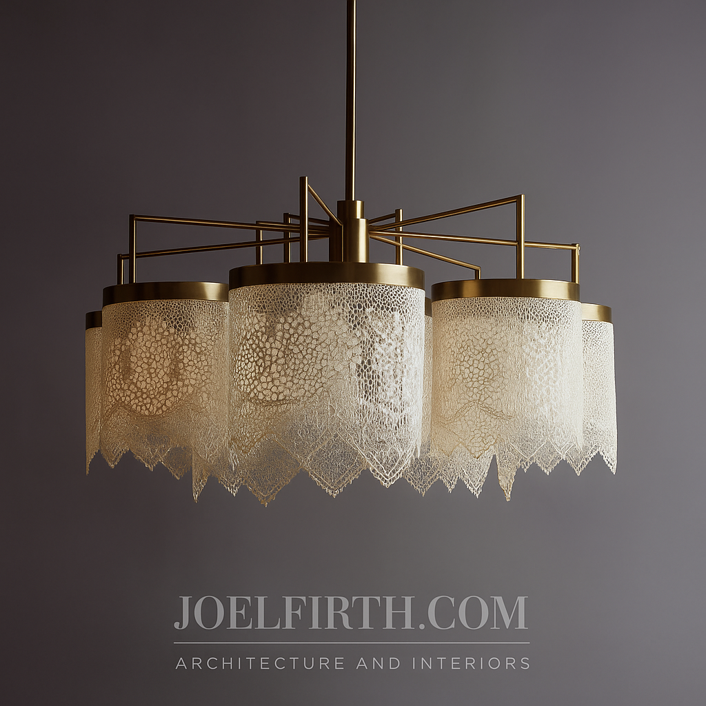 A gold chandelier with six textured cream-colored shades hangs against a gray wall, with text 'JOELFIRTH.COM' and 'Architecture and Interiors' at the bottom.