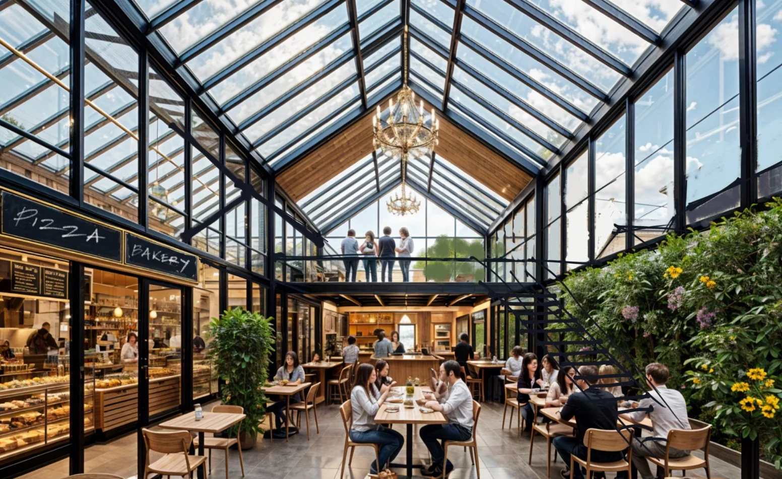 Interior of a glass-enclosed restaurant or cafe with a skylight roof, chandelier lighting, and wooden accents. Several people are seated at tables inside, while four people are standing on an upper balcony looking out. There are plants and flowers al