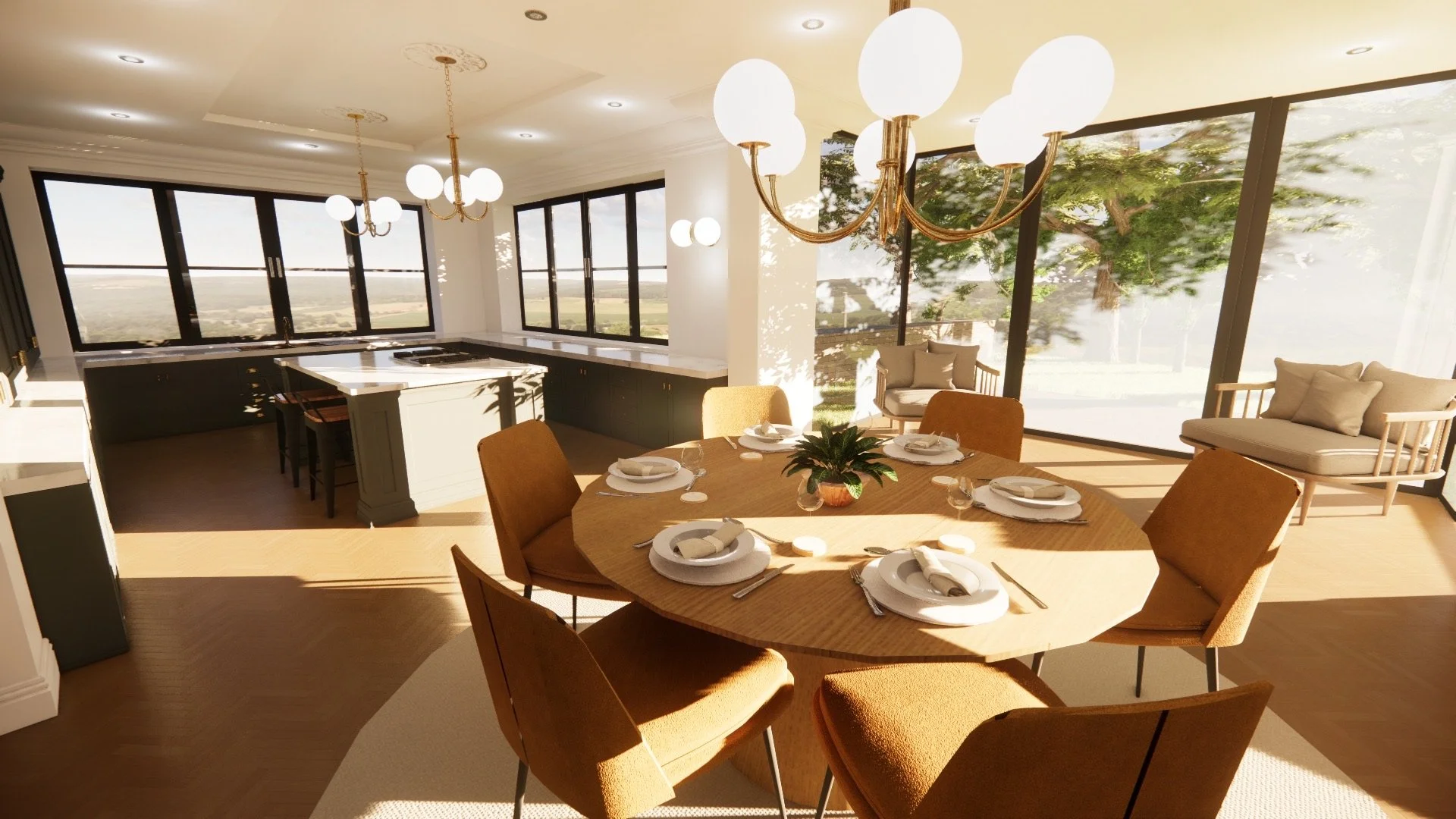 Bright dining room with large windows, a round wooden table set with white plates, napkins, and silverware, tan chairs surrounding the table, a fireplace in the corner, and modern chandeliers hanging from the ceiling.